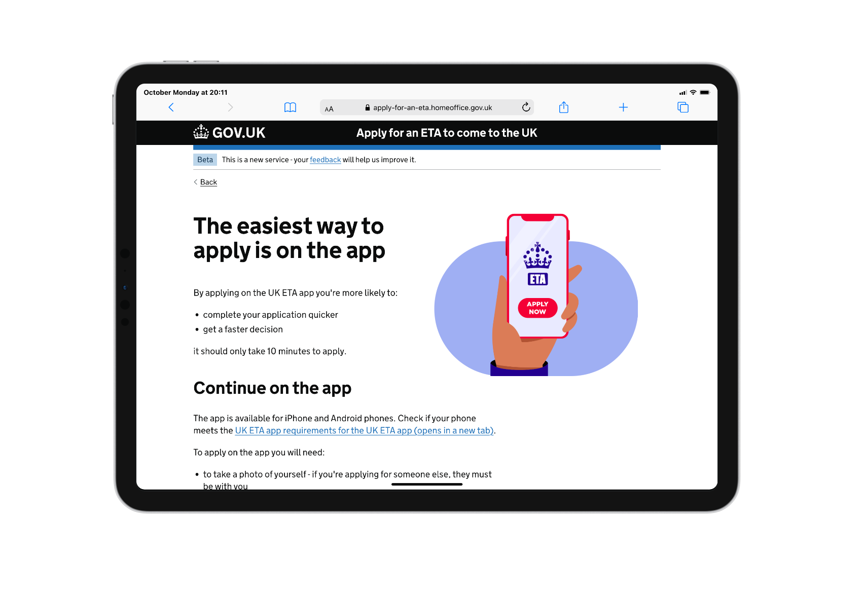Screenshot on a tablet letting users know that this service works best on an app