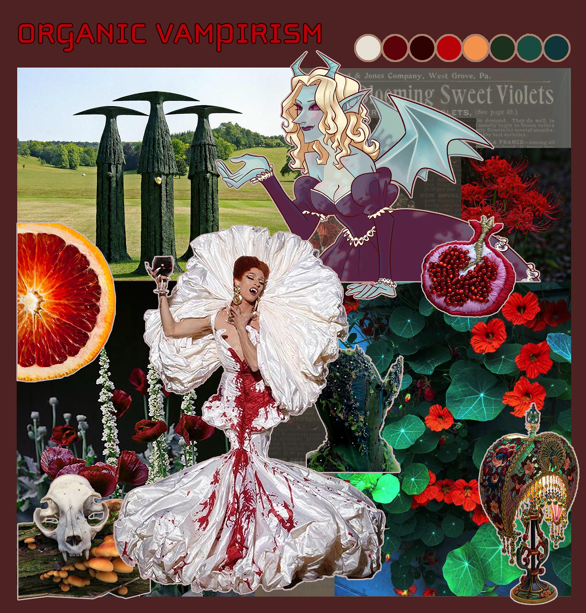 "Organic Vampirism" was a combination of dark organic and vampirism. I wanted to combine different fruits and vegetation that have a darker red color palette to envoke the feeling of blood associated with vampires.
