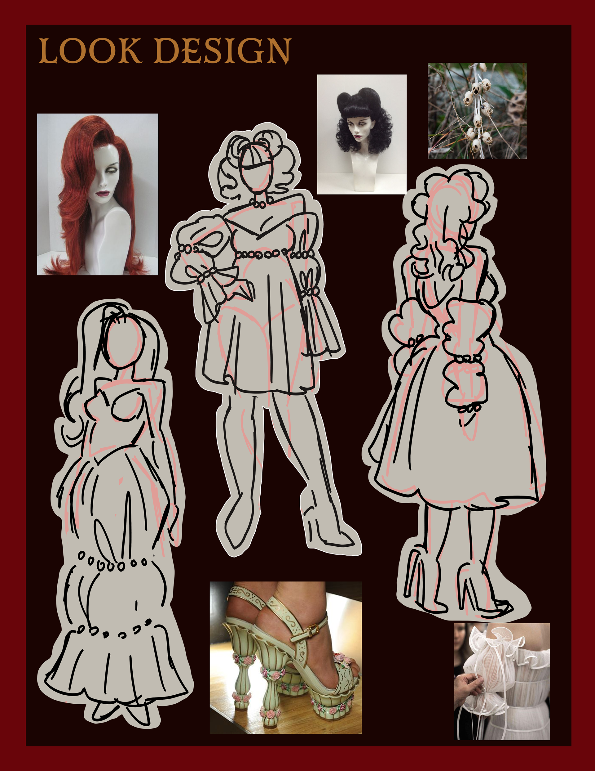Look design including thumbnail sketches surrounding specific images chosen from previous moodboards.