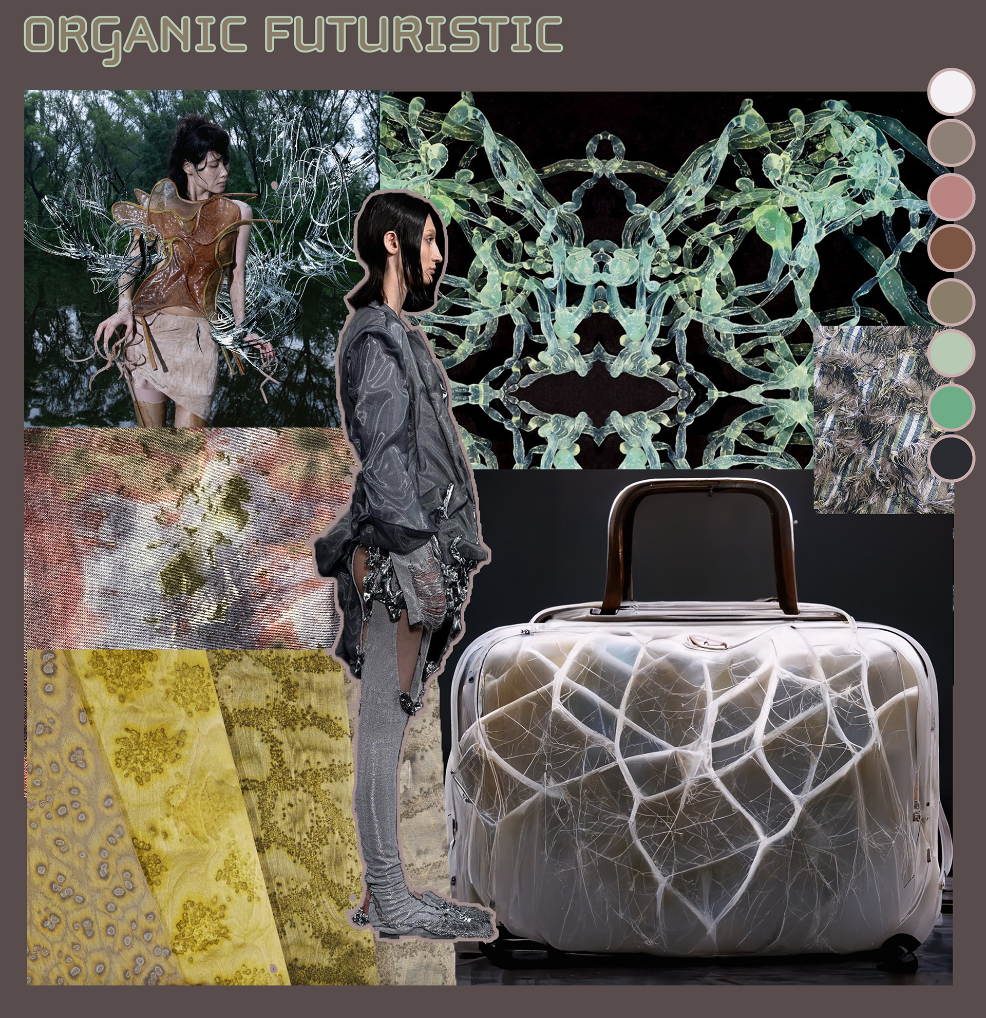 "Organic Futuristic" was compiled with texutre in the forefront. I found multiple interesting pre-existing fabrics alongside images of bacteria/algae. Mainly focused on muted tones and skin tones.