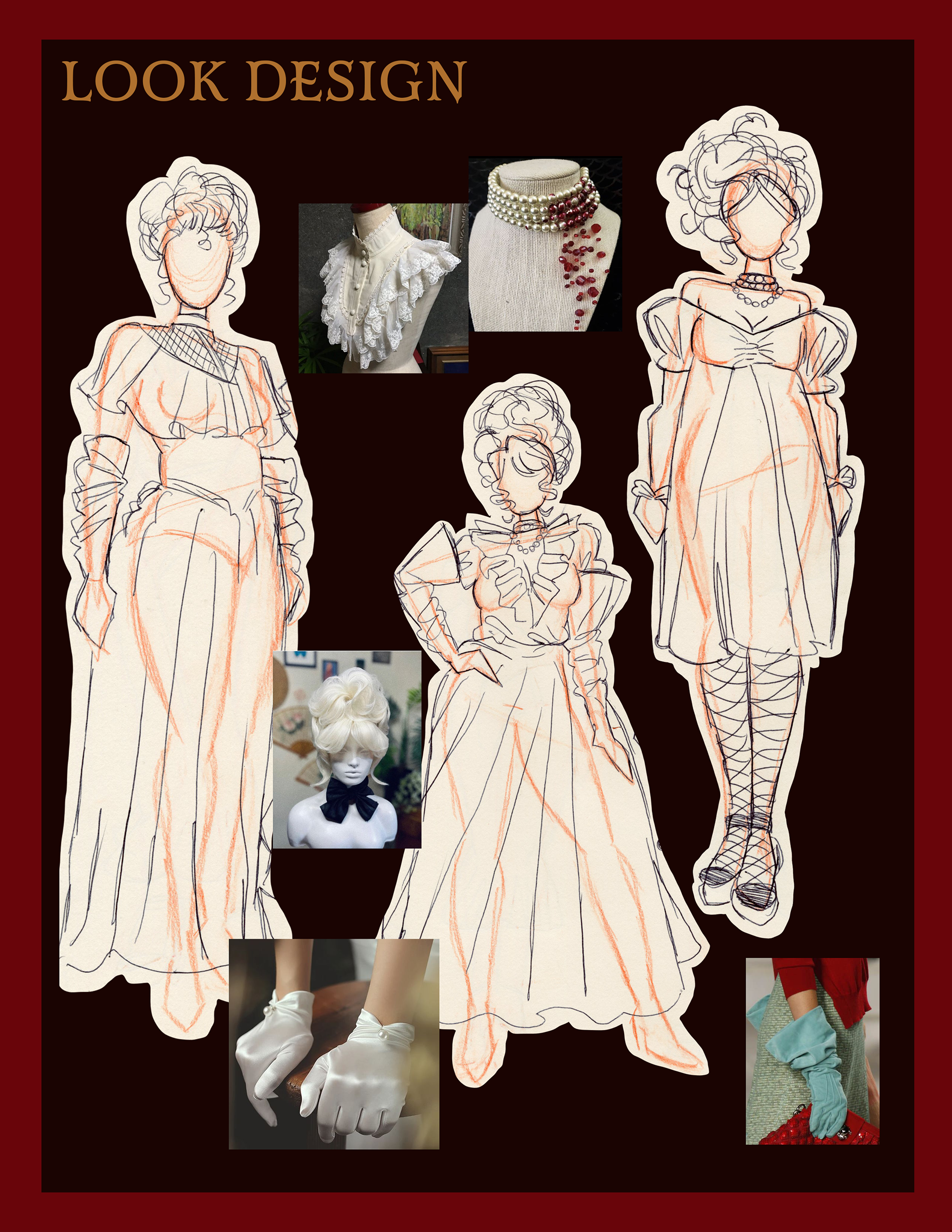 Look design including thumbnail sketches surrounding specific images chosen from previous moodboards.