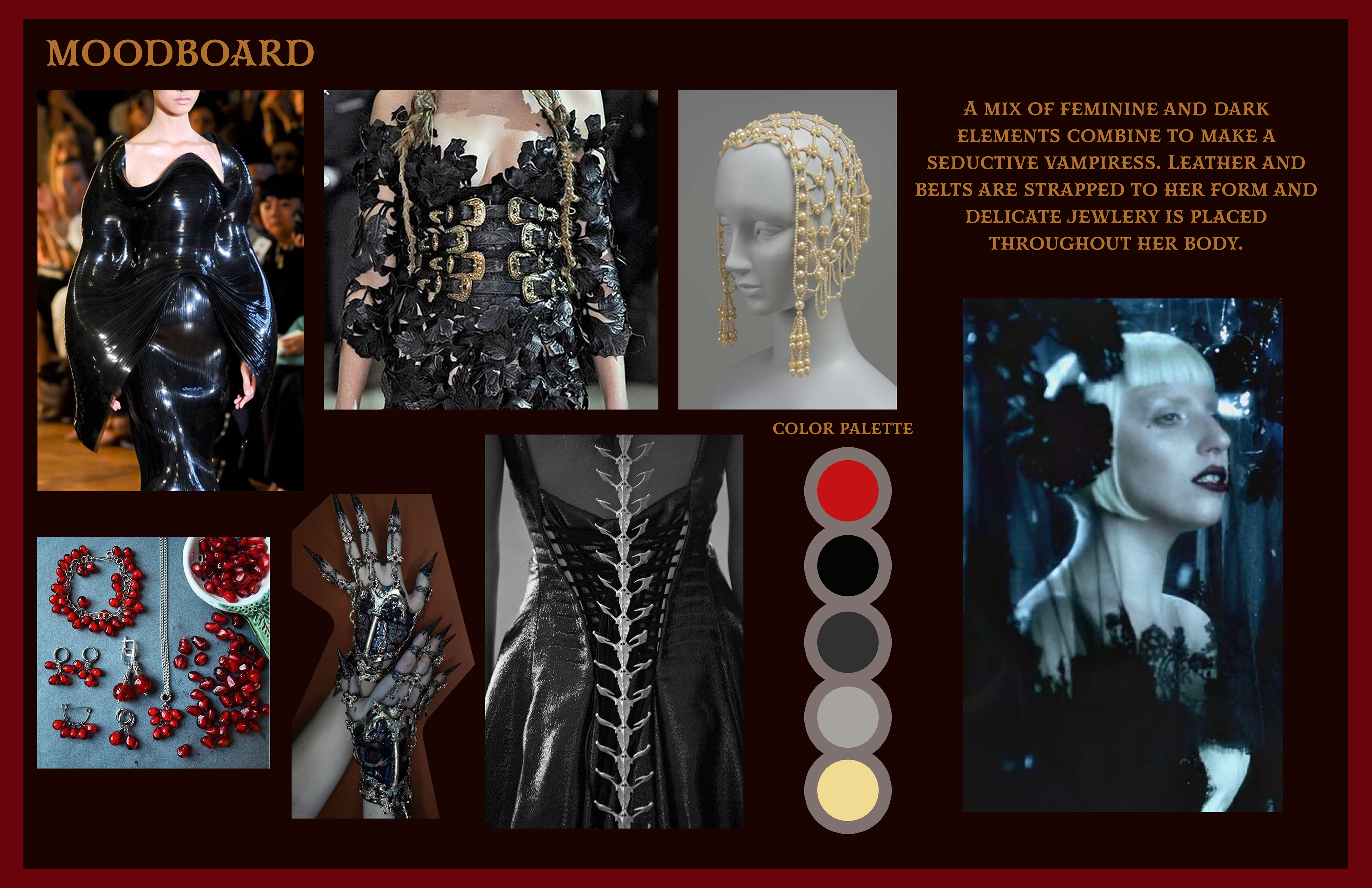 Final moodboard containing previous looks, style examples, and a final color palette.
