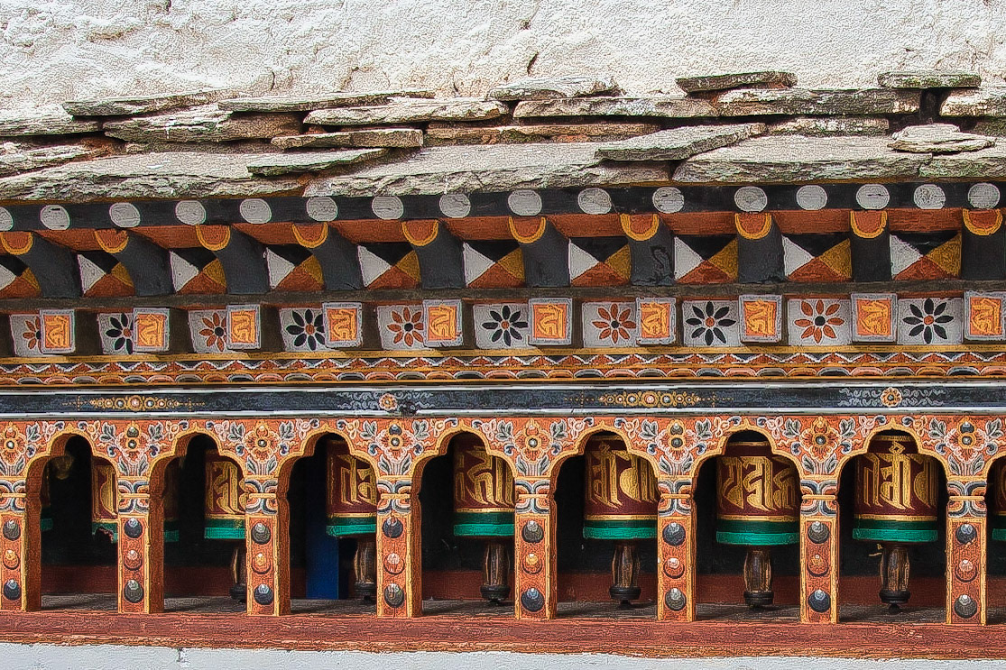 Prayer wheels in Oslegang Monastery, Buthan