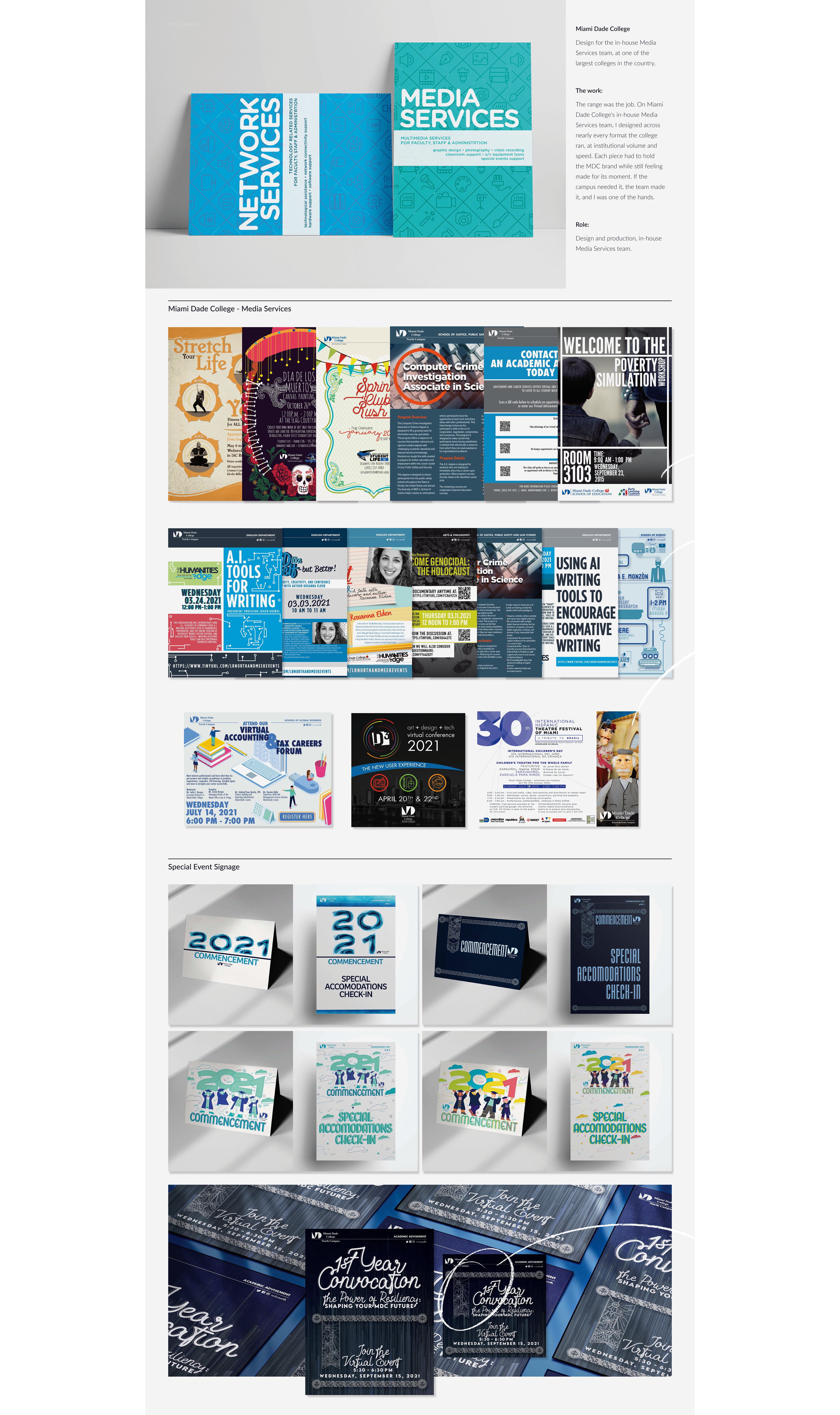Miami Dade College: design and production by Gisselle Rey on the in-house Media Services team, across the college's print and digital output.