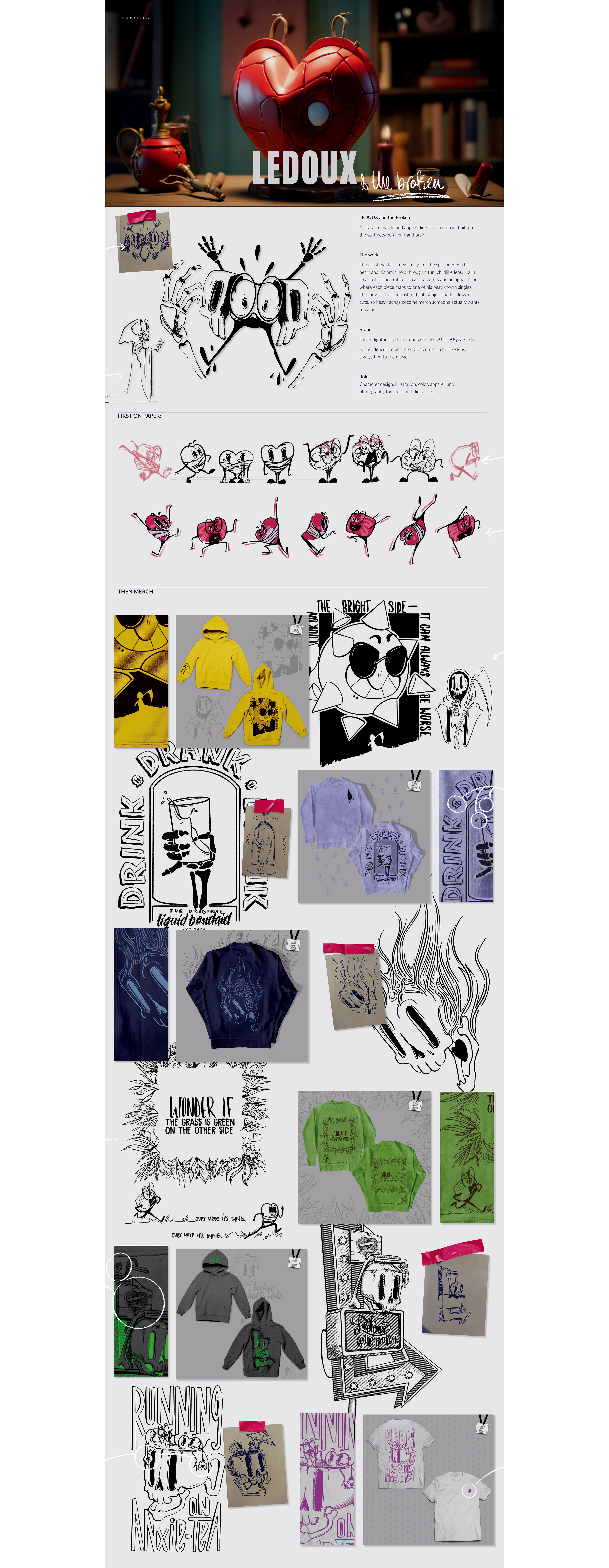 Ledoux and the Broken: reaper's brain and heart character, character design, and band apparel. from paper to product.