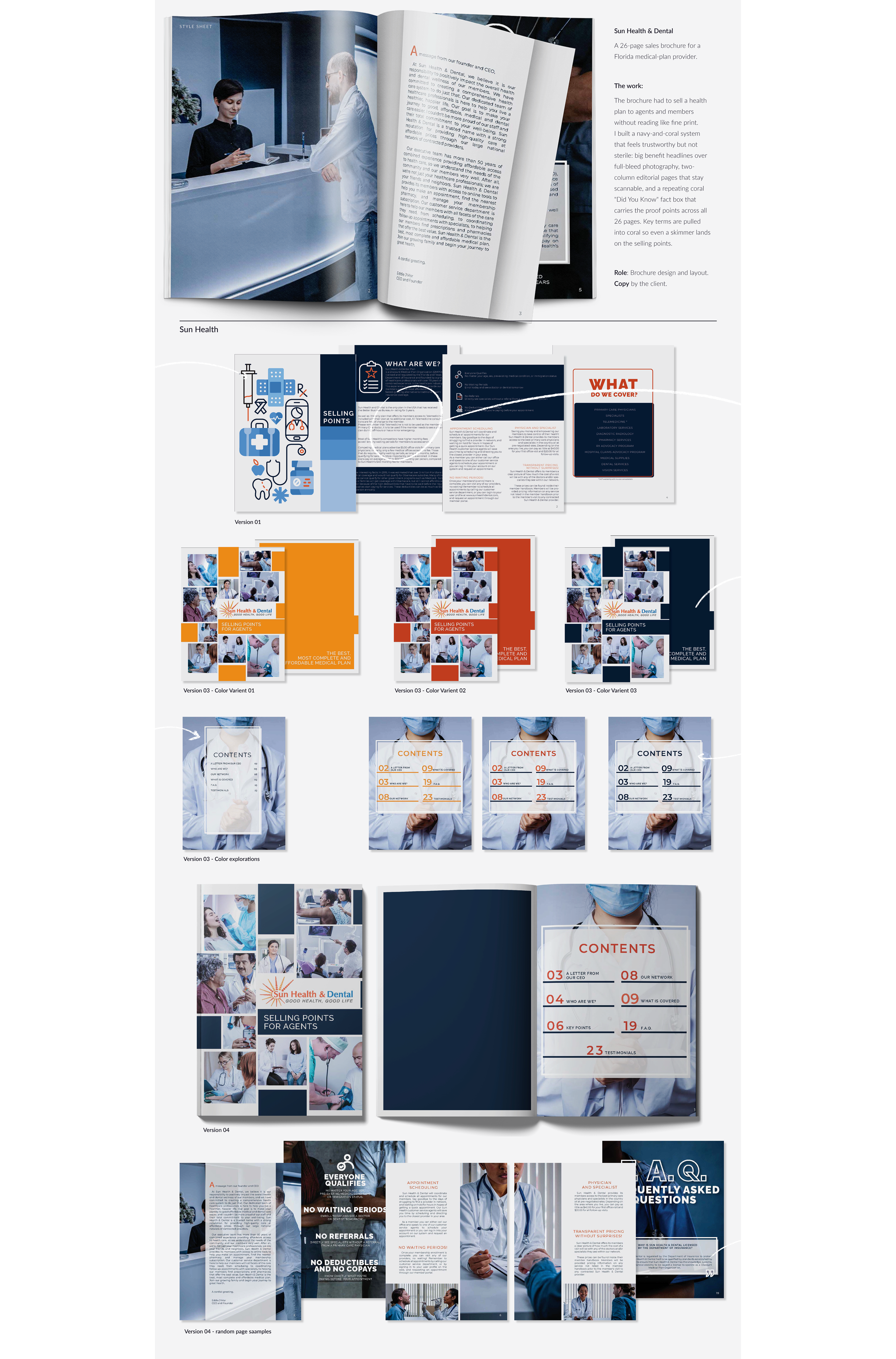 Sun Health & Dental: 26-page sales brochure designed by Gisselle Rey, a navy-and-coral editorial system for a Florida medical-plan provider.
