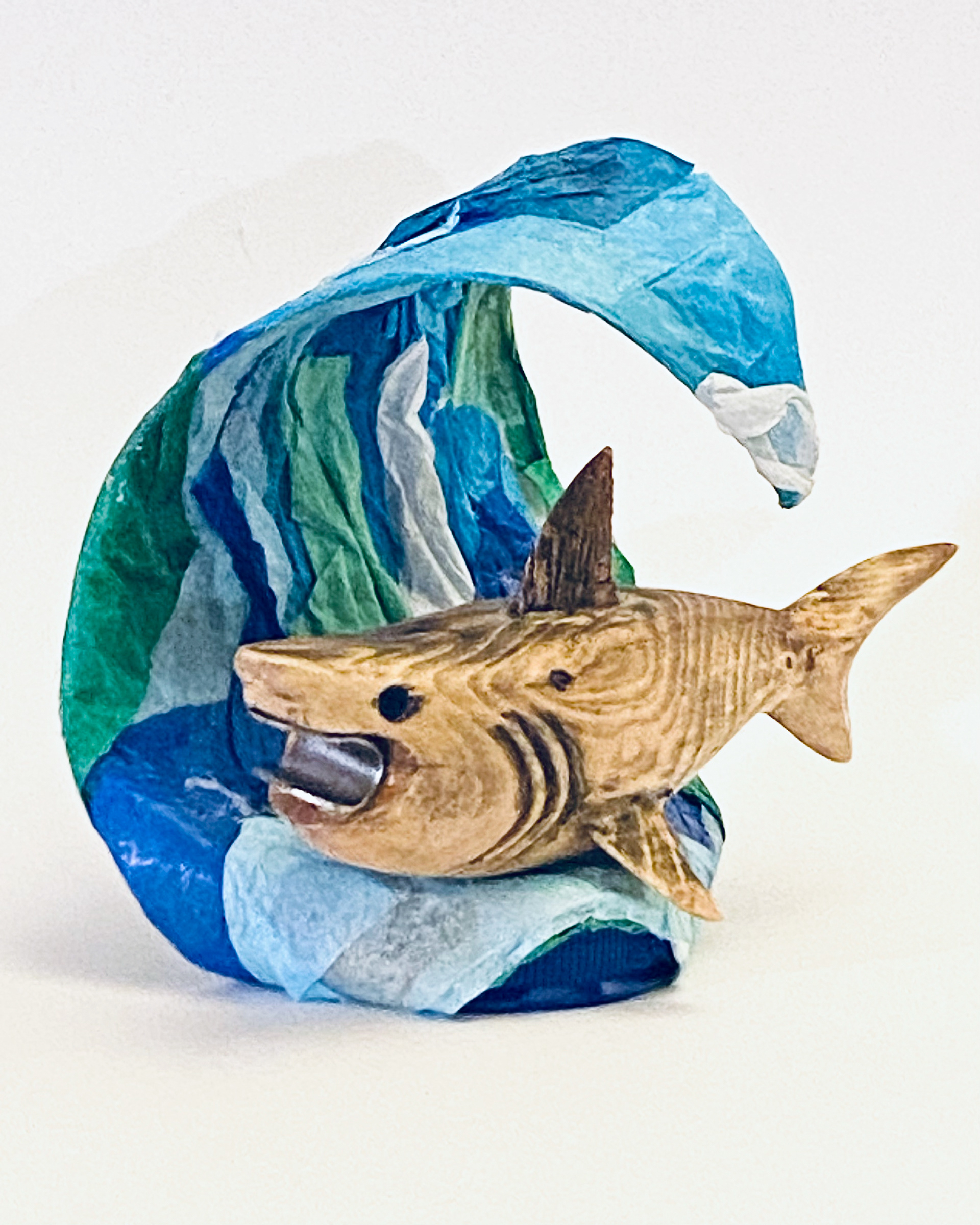 Great white shark wood carving with tissue paper wave