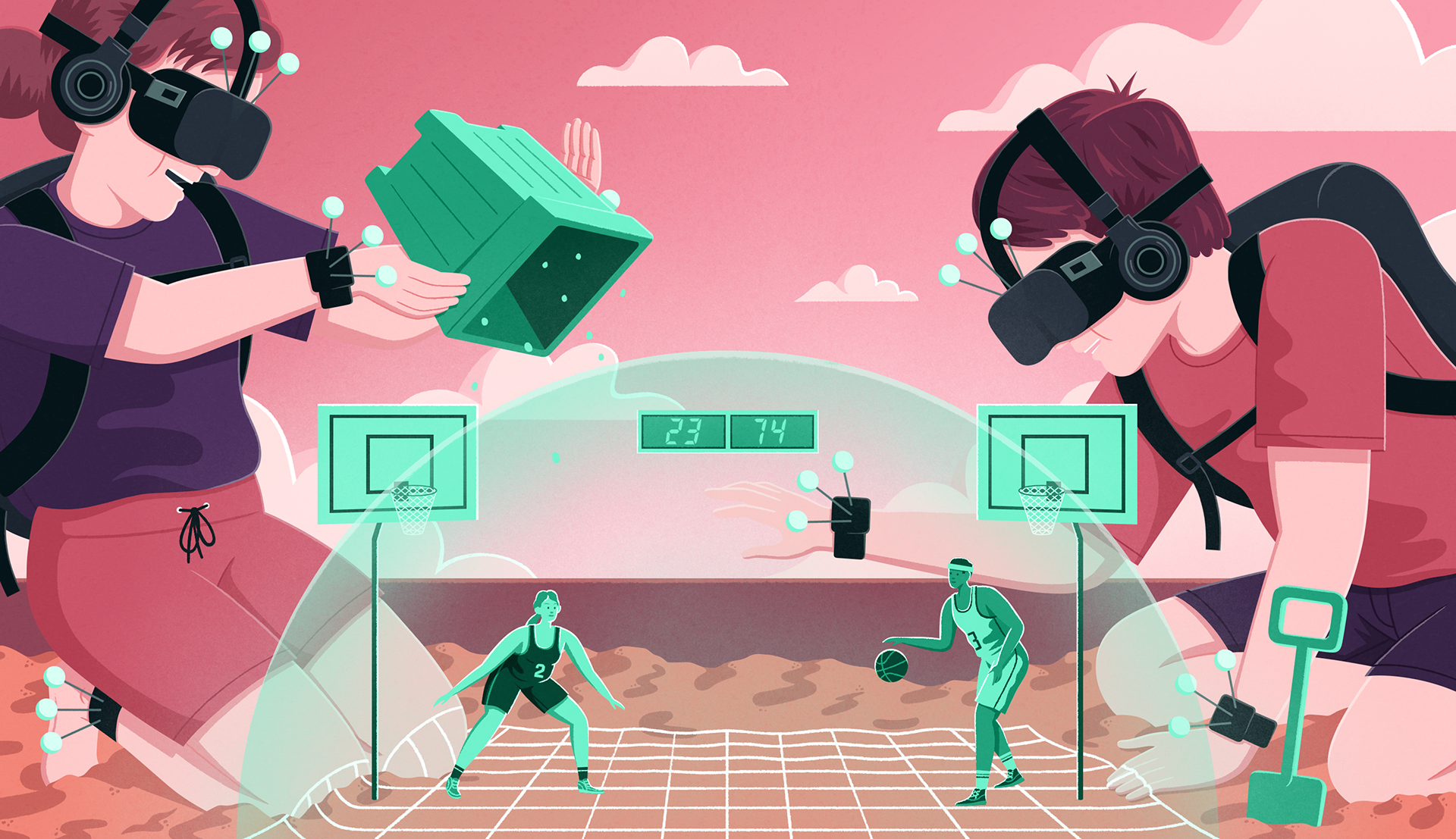 Jacob Stead illustration drawing art editorial magazine Bristol vr virtual reality beach sand video game basketball