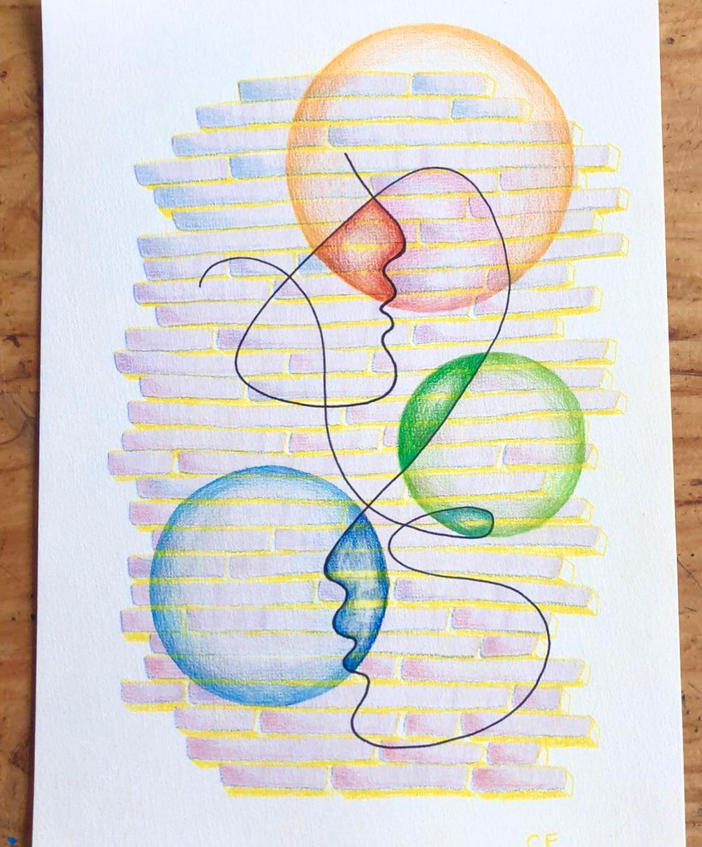 Bubbles for Oscar and Eliza (2022), Pen and pencil on paper, 8 x 10 "