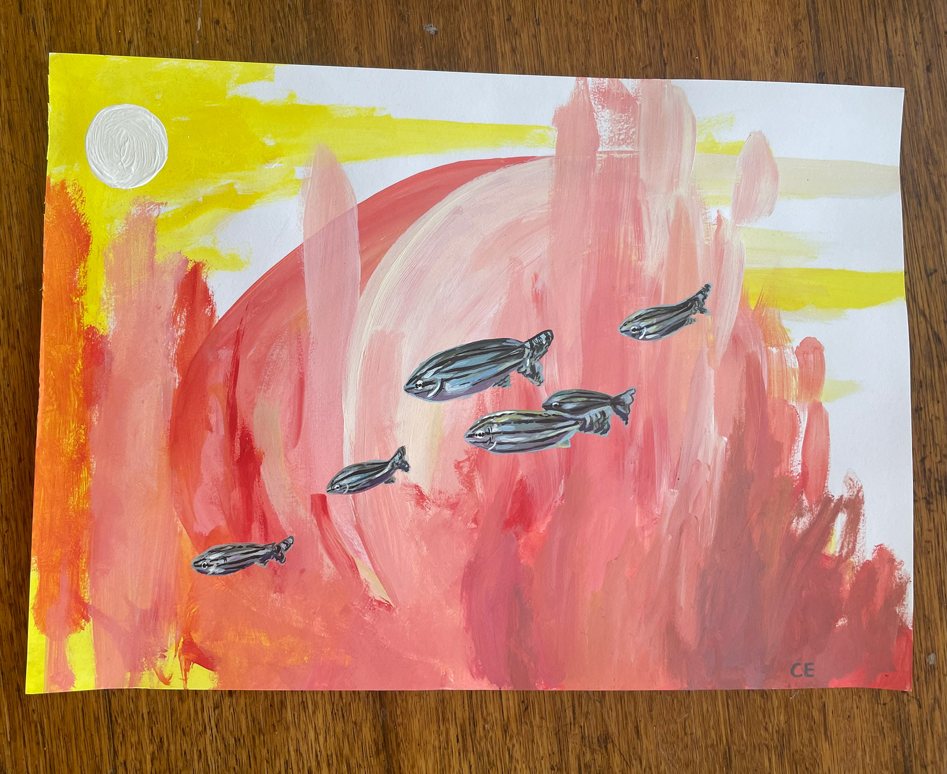 Fish swimming in pink, acrylic on paper, A3, $80, 2021