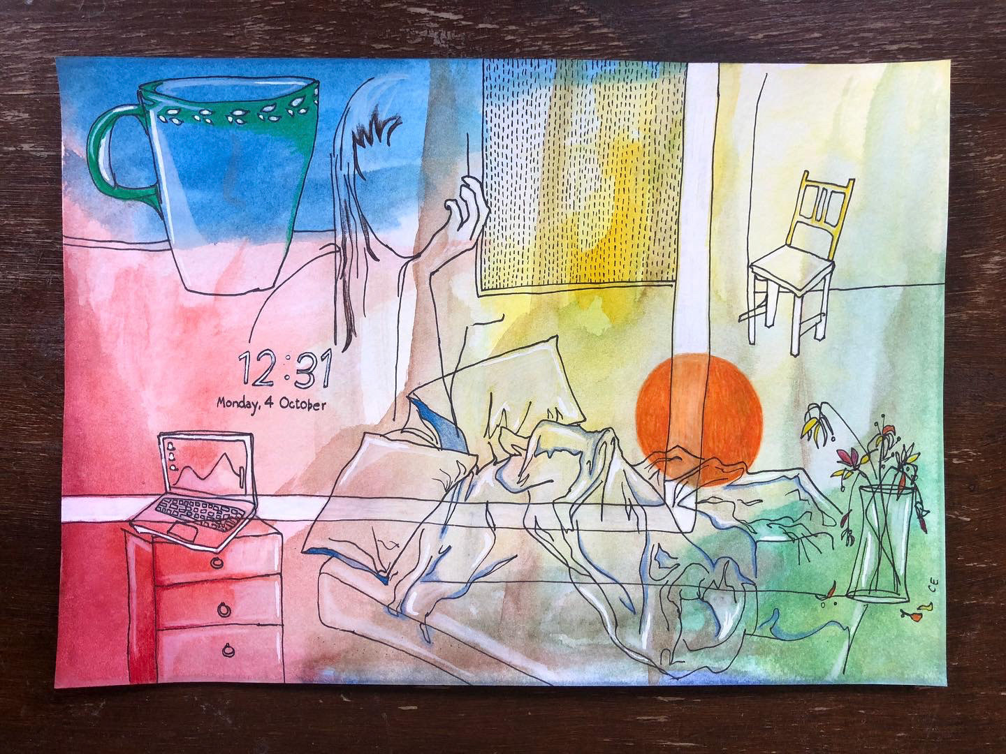 Lockdown - pt ii (2021), Pen, pencil and watercolour on paper, 8 x 10 "