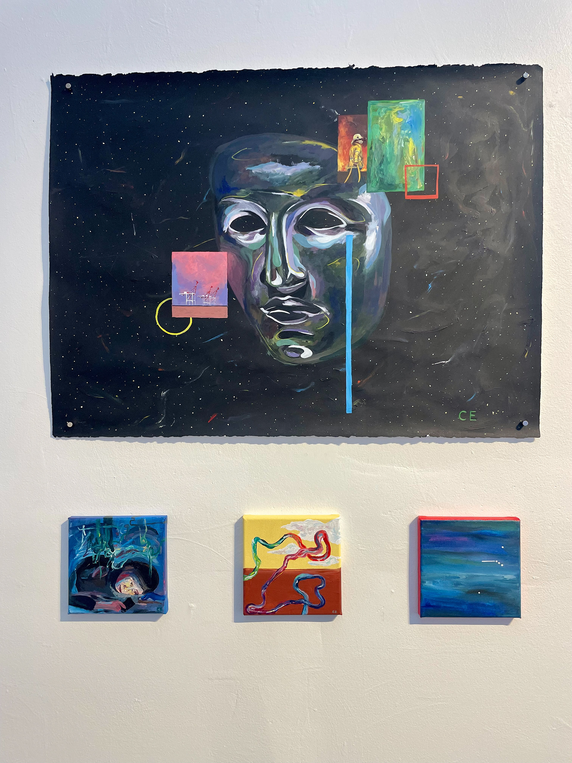'Mask', acrylic on paper, 560mm x 760mm, 2023. Below from left: '3am', 'The beginning', and 'Start', all acrylic on canvas, 150mmx150mm, 2024.