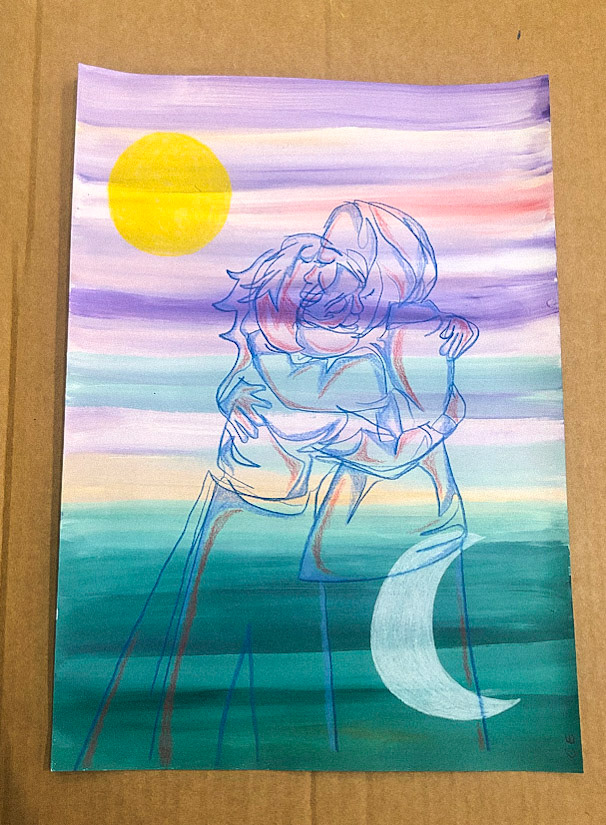 Hug (2021), Acrylic and pencil on canvas, 11 x 16 "