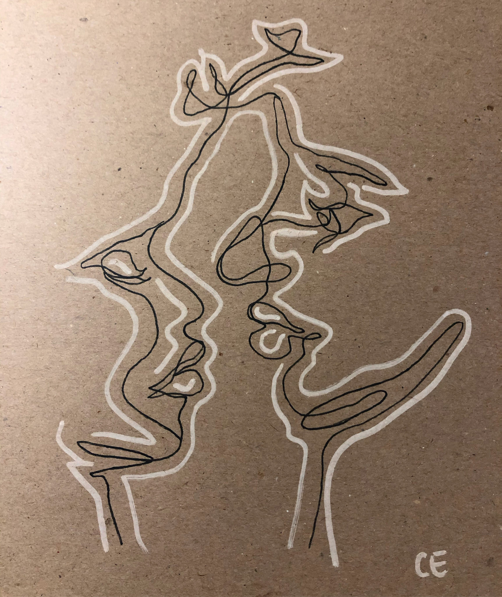 Near embrace (2022), marker and pen on brown paper, 8 x 10 "