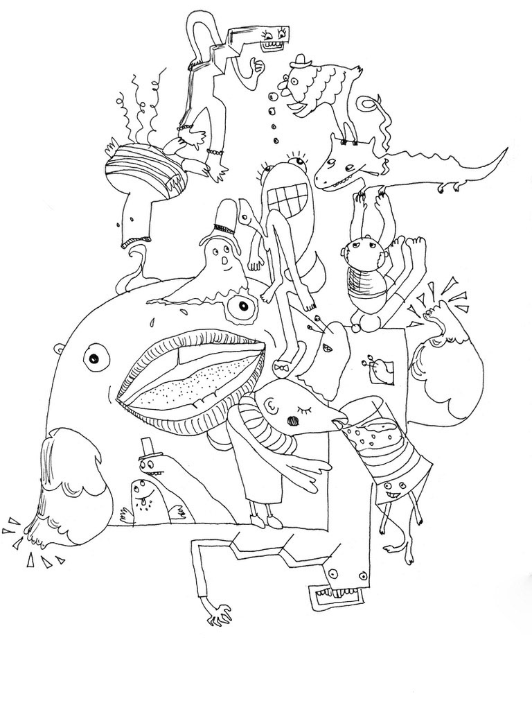 Creatures at the pub (2019), pen on paper, 8 x 10 "