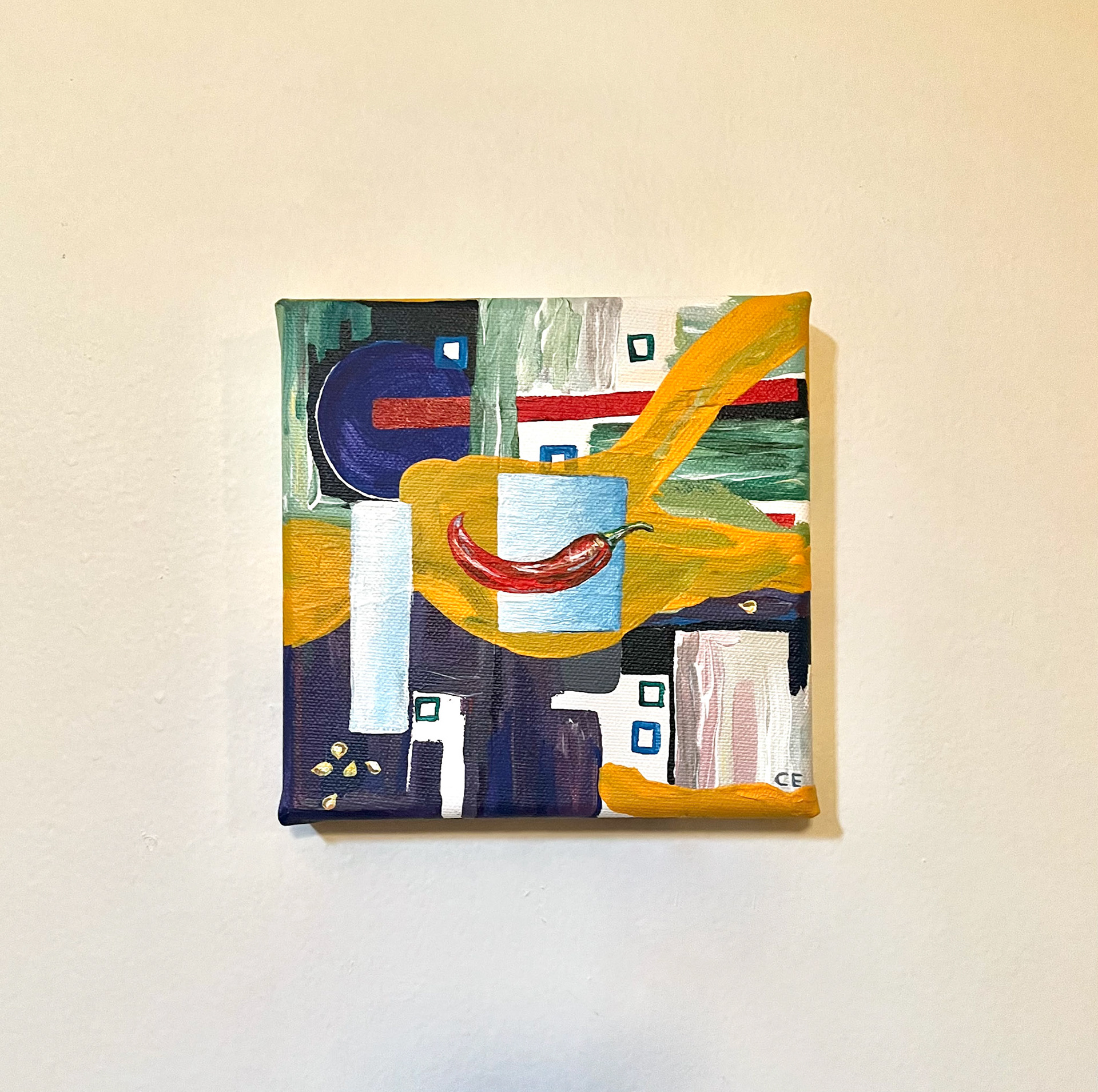 Tim's chillies - acrylic on canvas, 6 x 6 "- $80