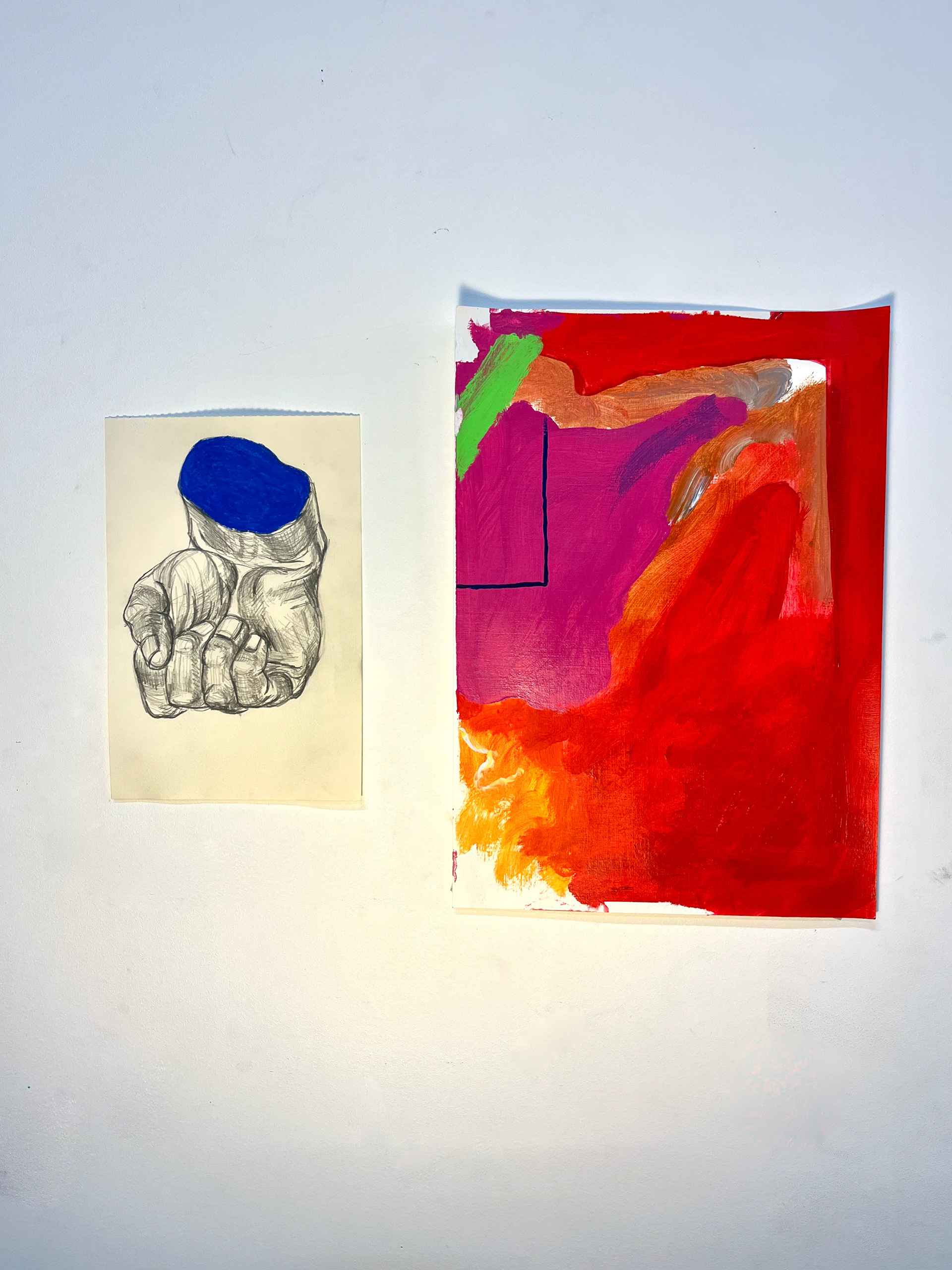 Fist - pencil and acrylic on paper $80, Untitled - acrylic on paper $40