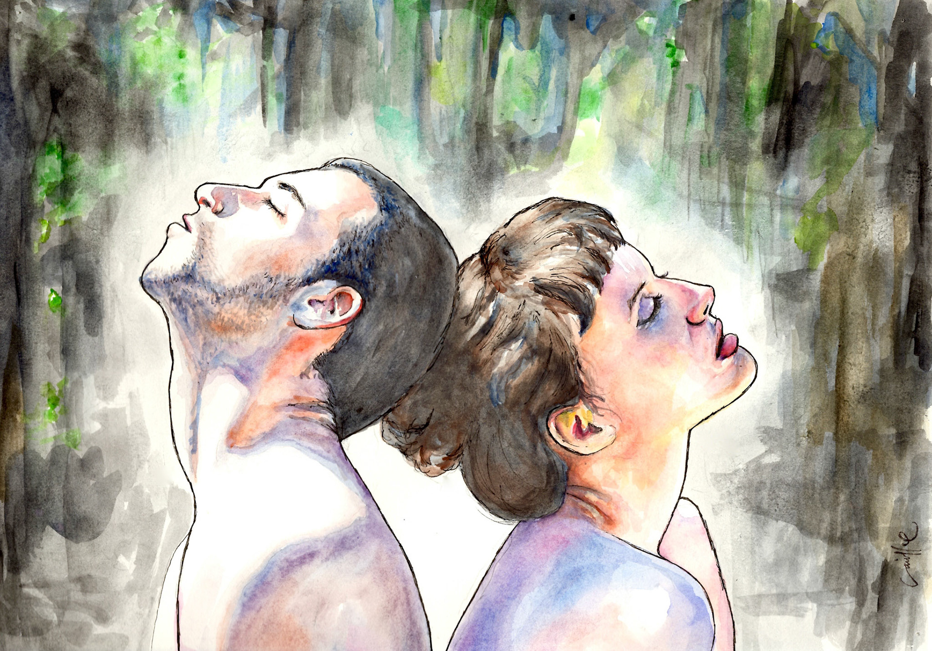 Ben & May (2015), Pen and watercolour on paper, 8 x 12 "