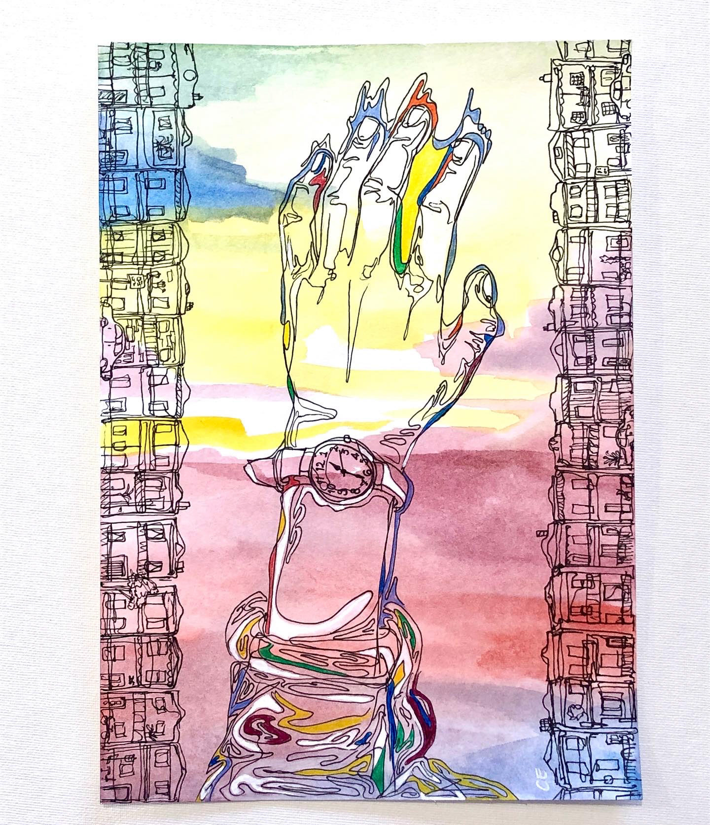 Lockdown - pt i (2021), Pen, pencil and watercolour on paper, 8 x 10 "