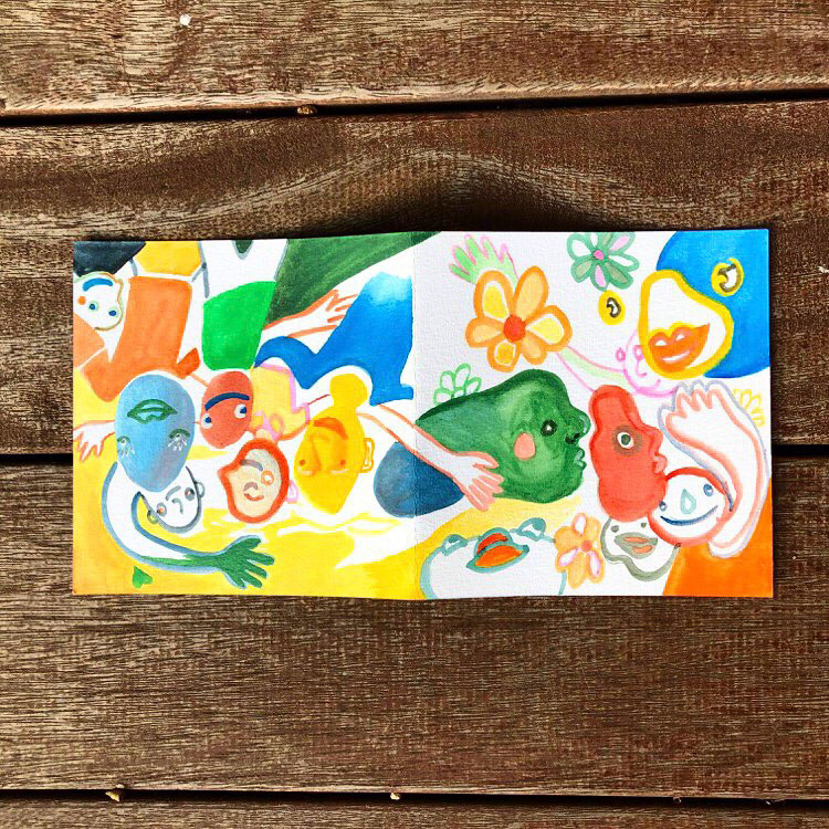 Fiz's Birthday (2020), Pen and gouache on paper, 3 x 7 "