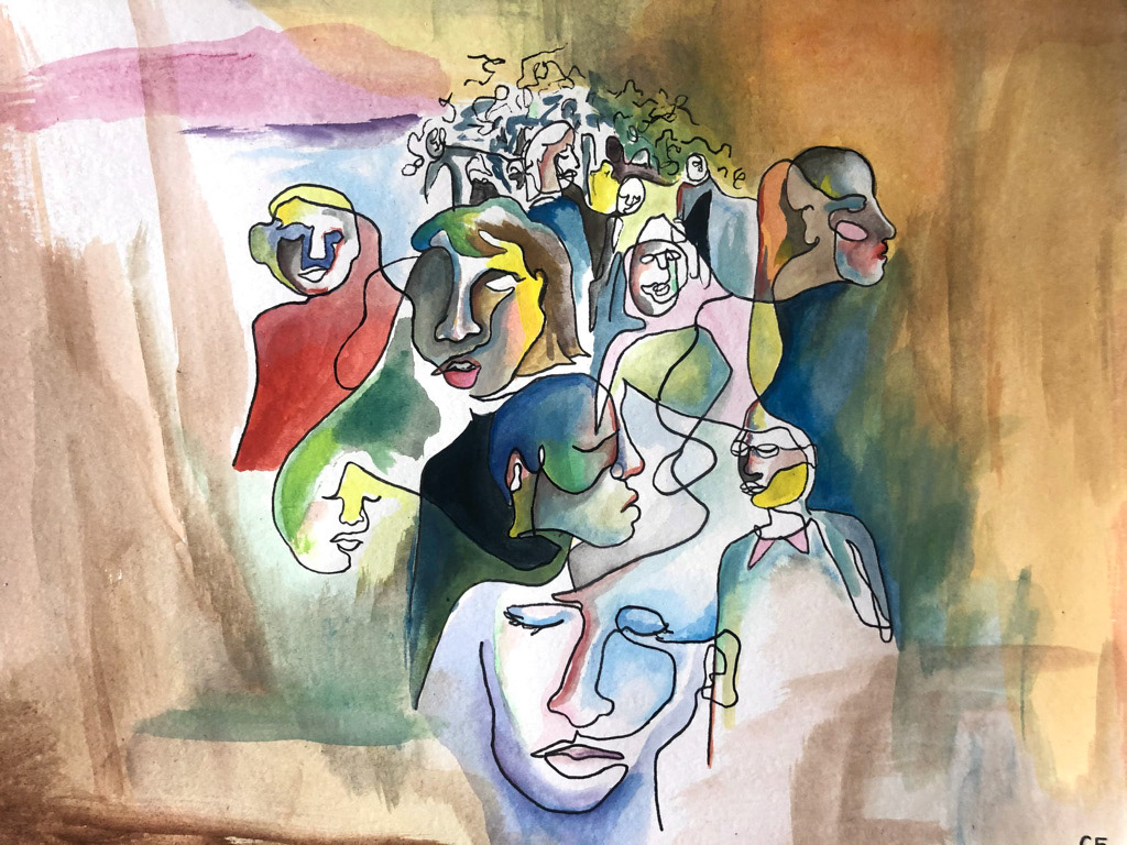 People for Dennis (2021), Pen and gouache on paper, 8 x 10 "