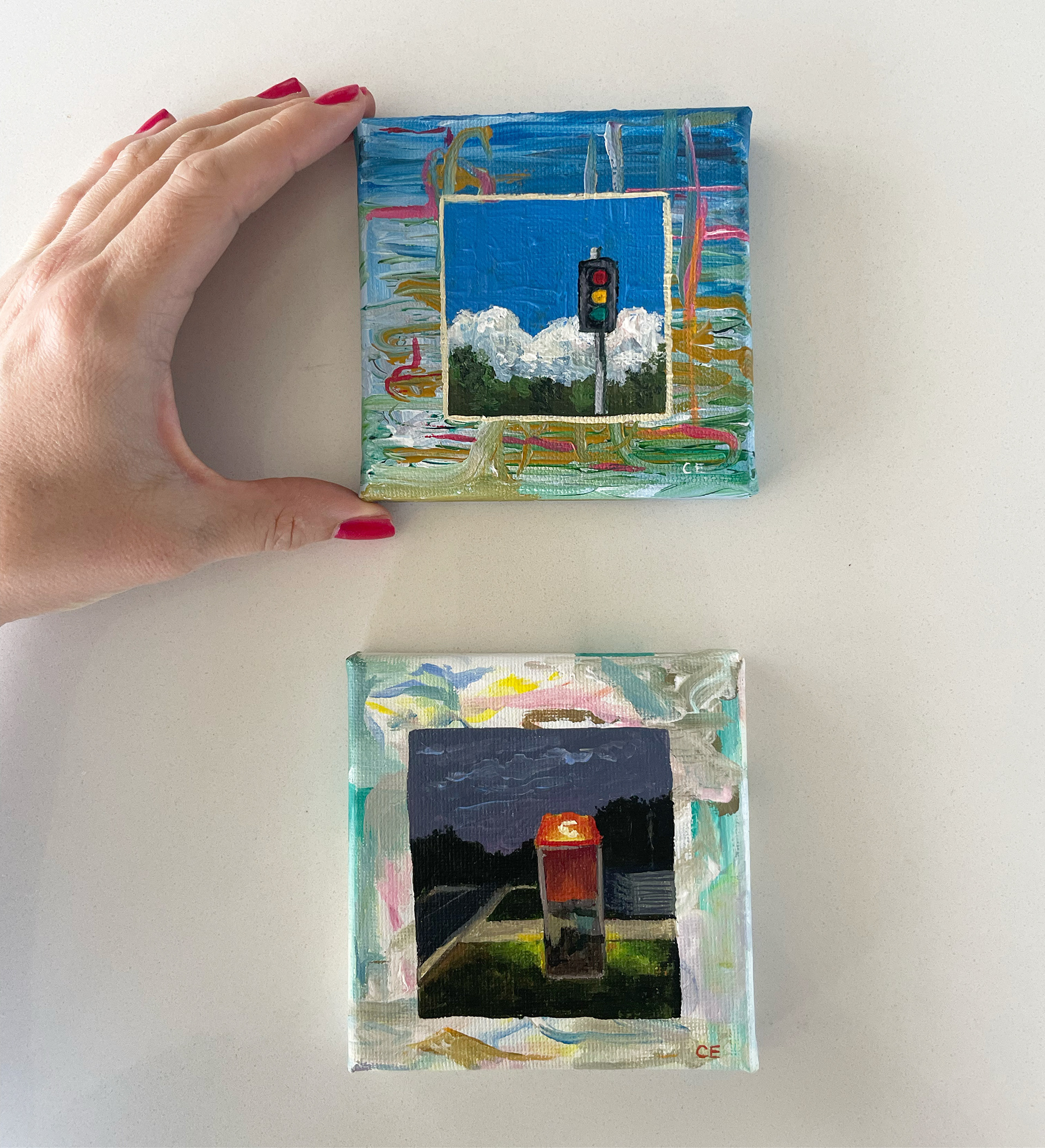 SOLD - Traffic light & Telephone box, both 4x4", acrylic on canvas, 2023, $200 as a set