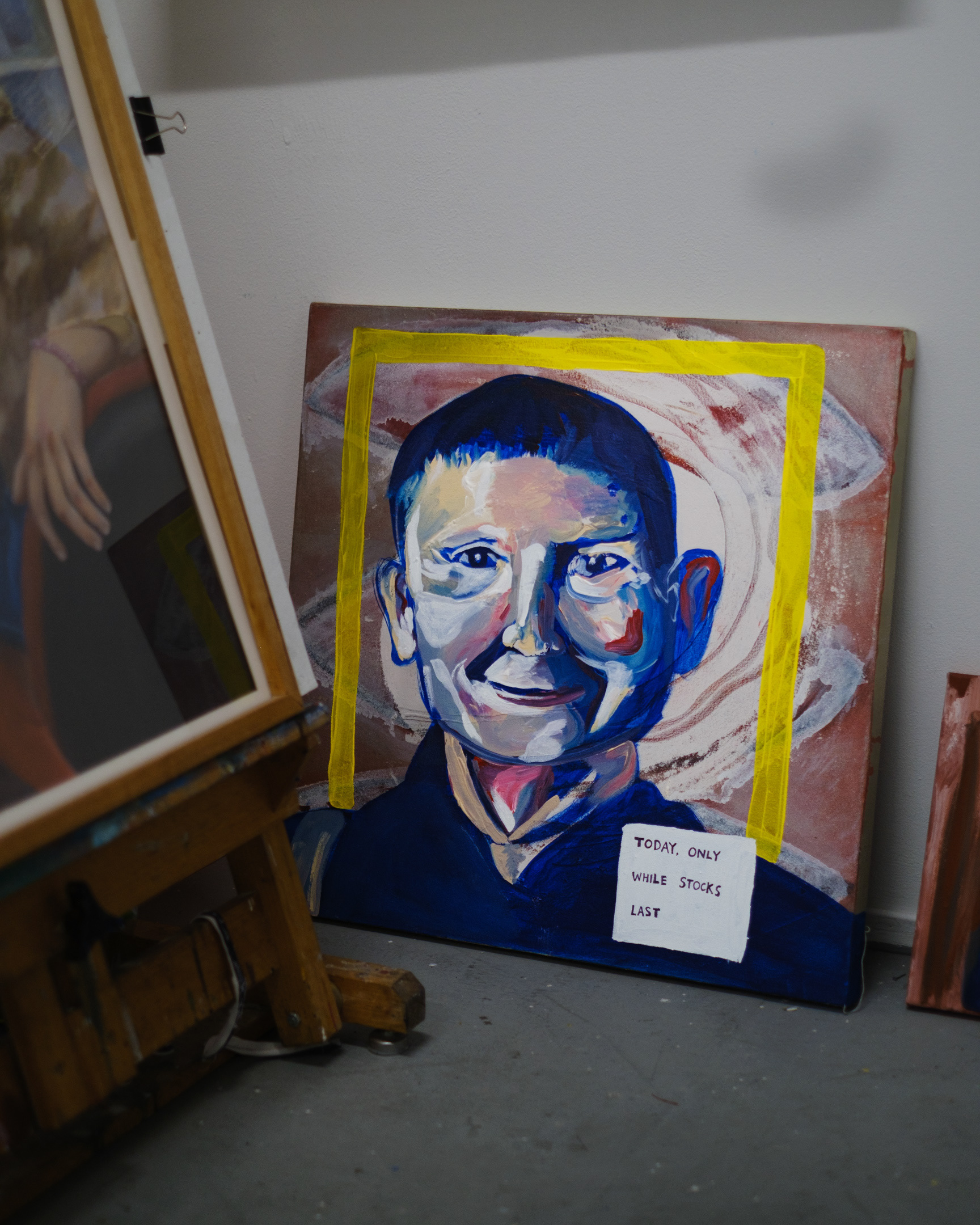 Pema on sale, acrylic on found canvas, $150, dimensions avail upon request, 2023