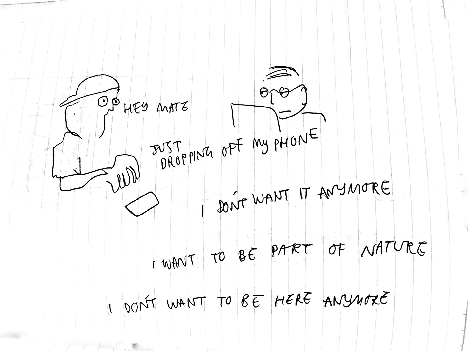 Dropping off (2017), pen on lined paper, 4 x 4 "