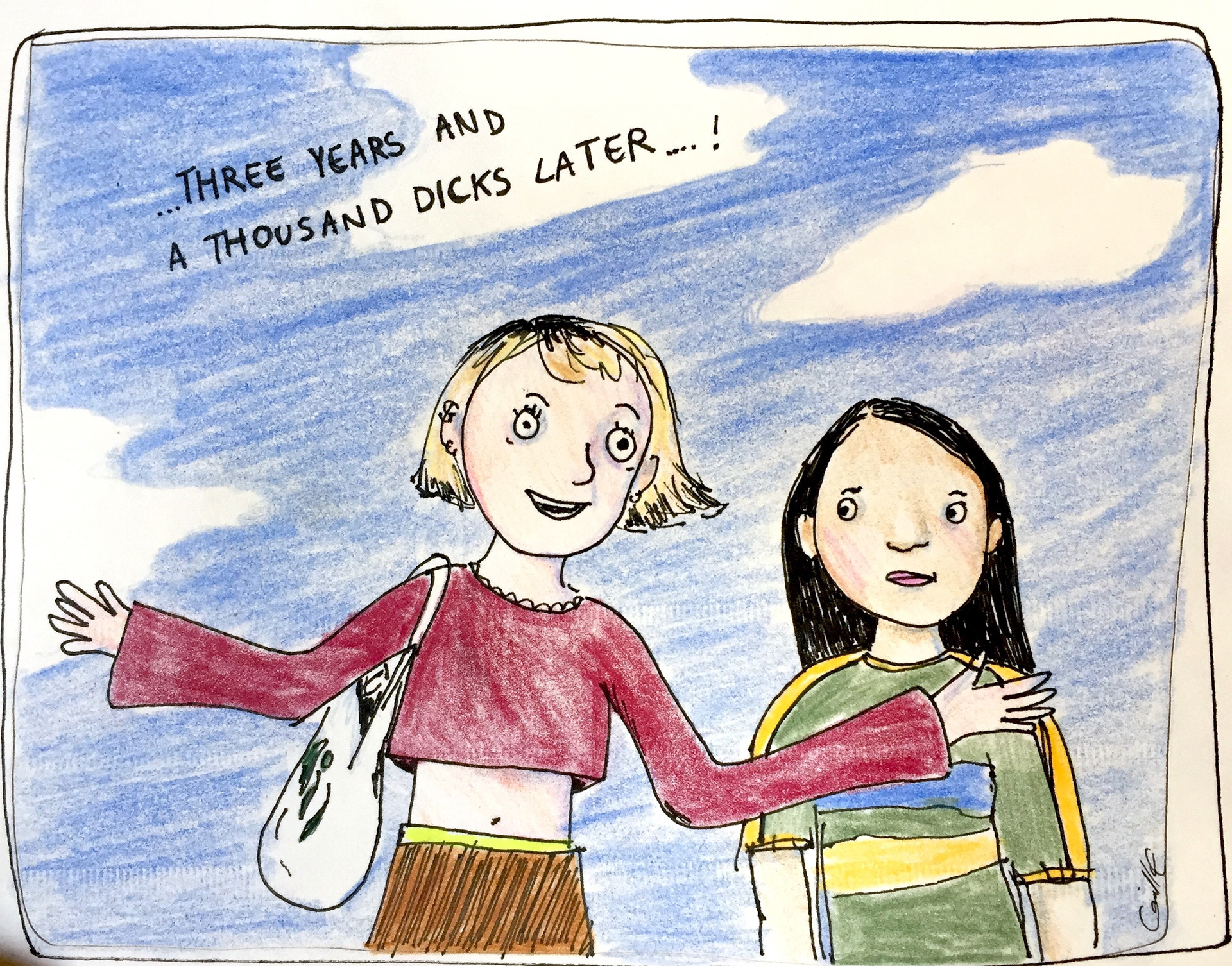 Three years and (2022), pen and coloured pencil on paper