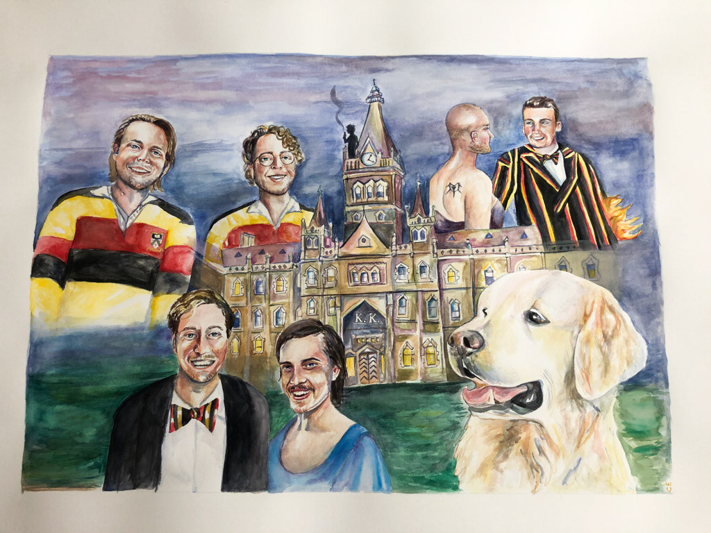 Commission for Alex's 30th (2022), watercolour and pen on paper, 16 x 24 "