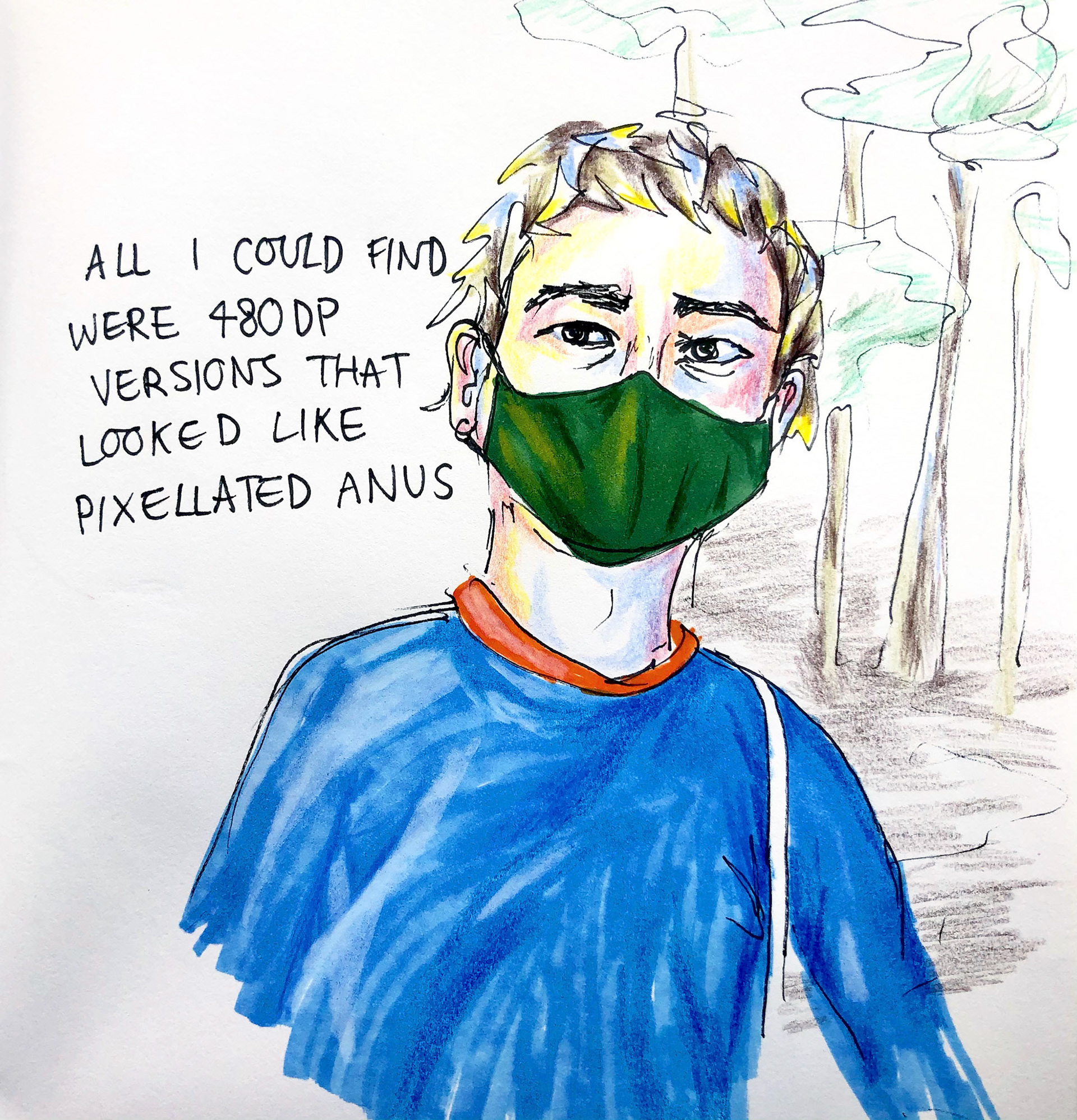 Movie night (2021), pen, marker & pencil on paper, 8 x 10 "