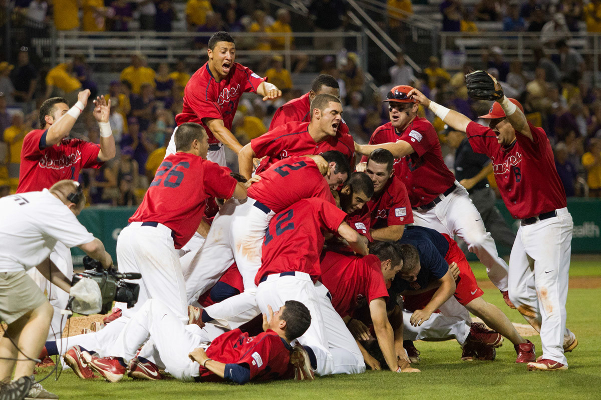 Stony Brook Seawolves celebration following the NCAA Super Regional baseball game against LSU on June 10, 2012 at Alex Box Stadium in Baton Rouge, Louisiana. Stony Brook defeated LSU 7-2 to advance to the College World Series. (Andrew Woolley/Four Seam Images)