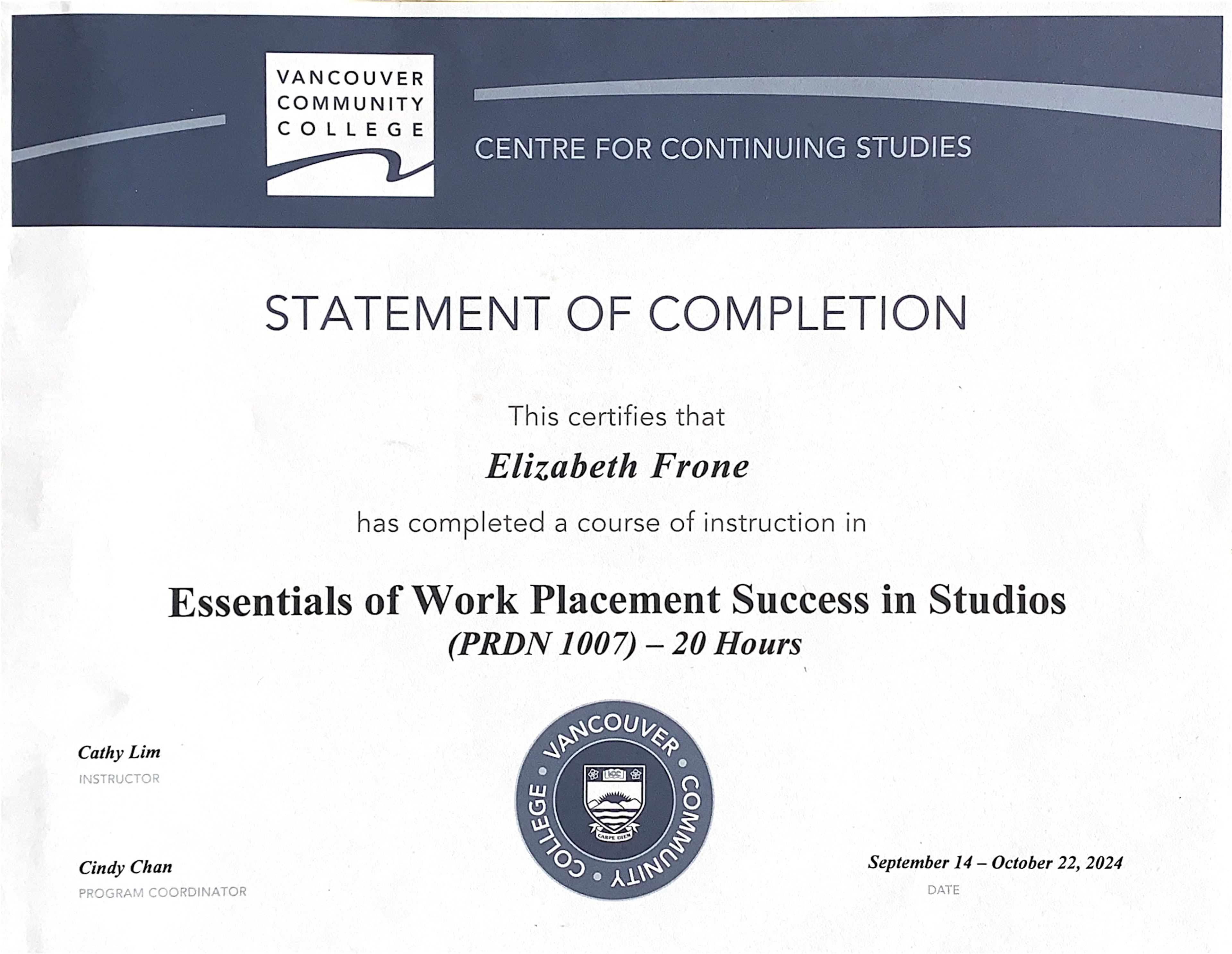 2024, Essentials of Work Placement Success in Studios, Vancouver Community College