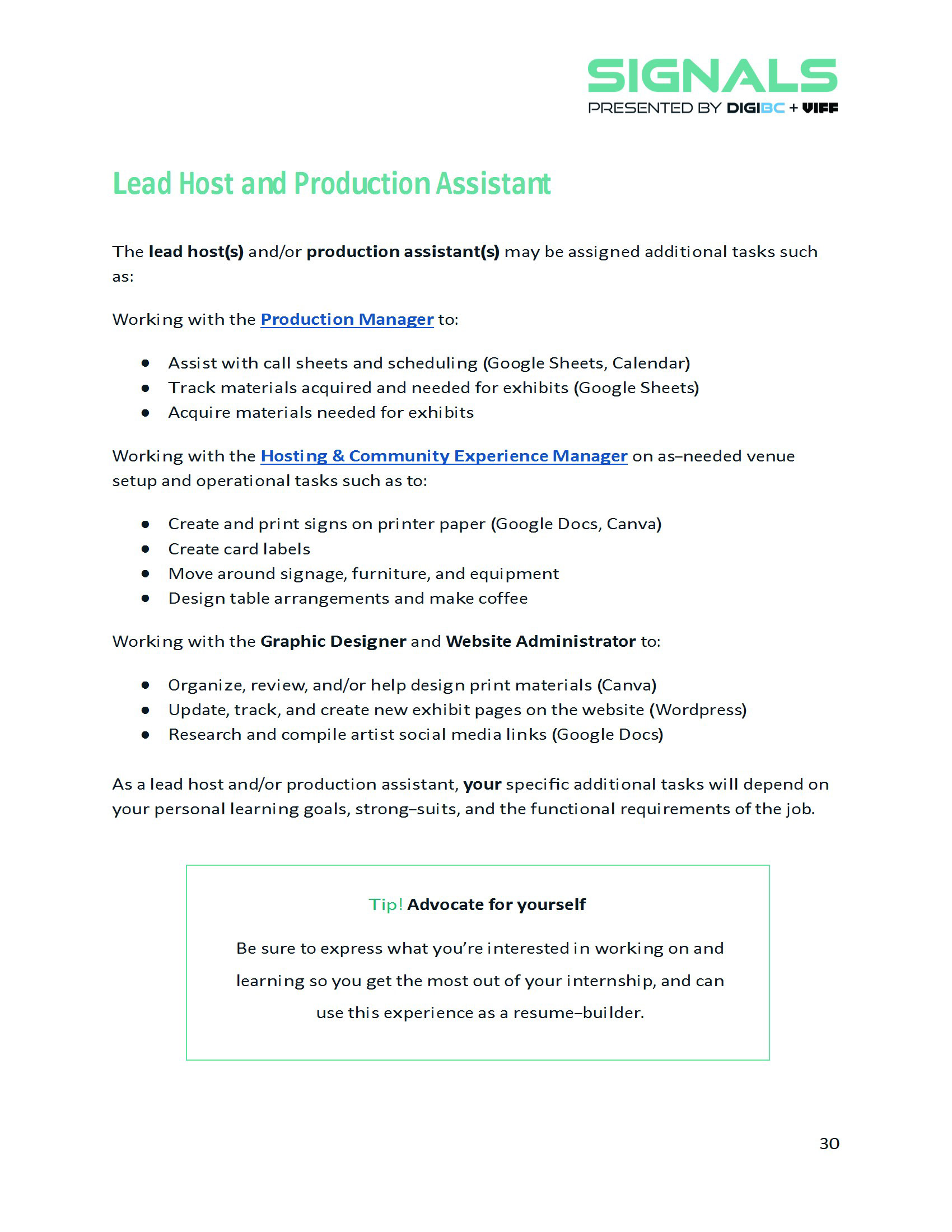 Page from the Signals Host Handbook document I made.