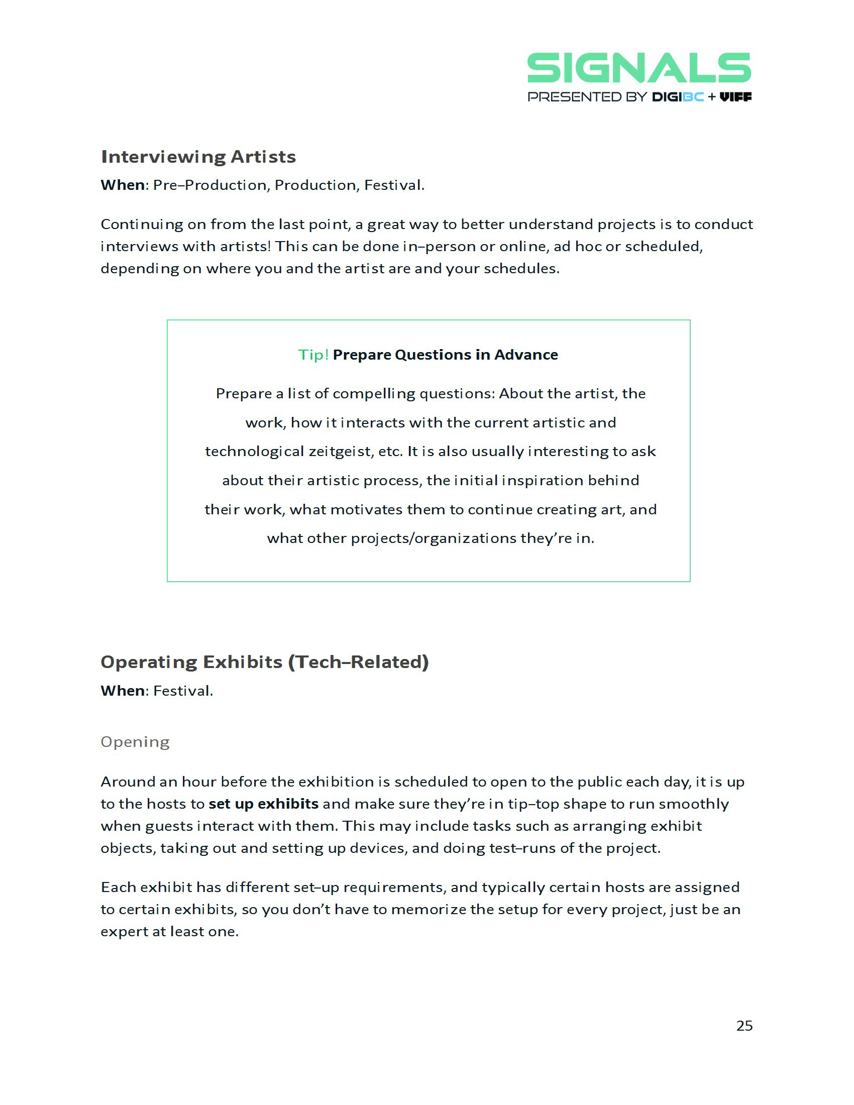Page from the Signals Host Handbook document I made.