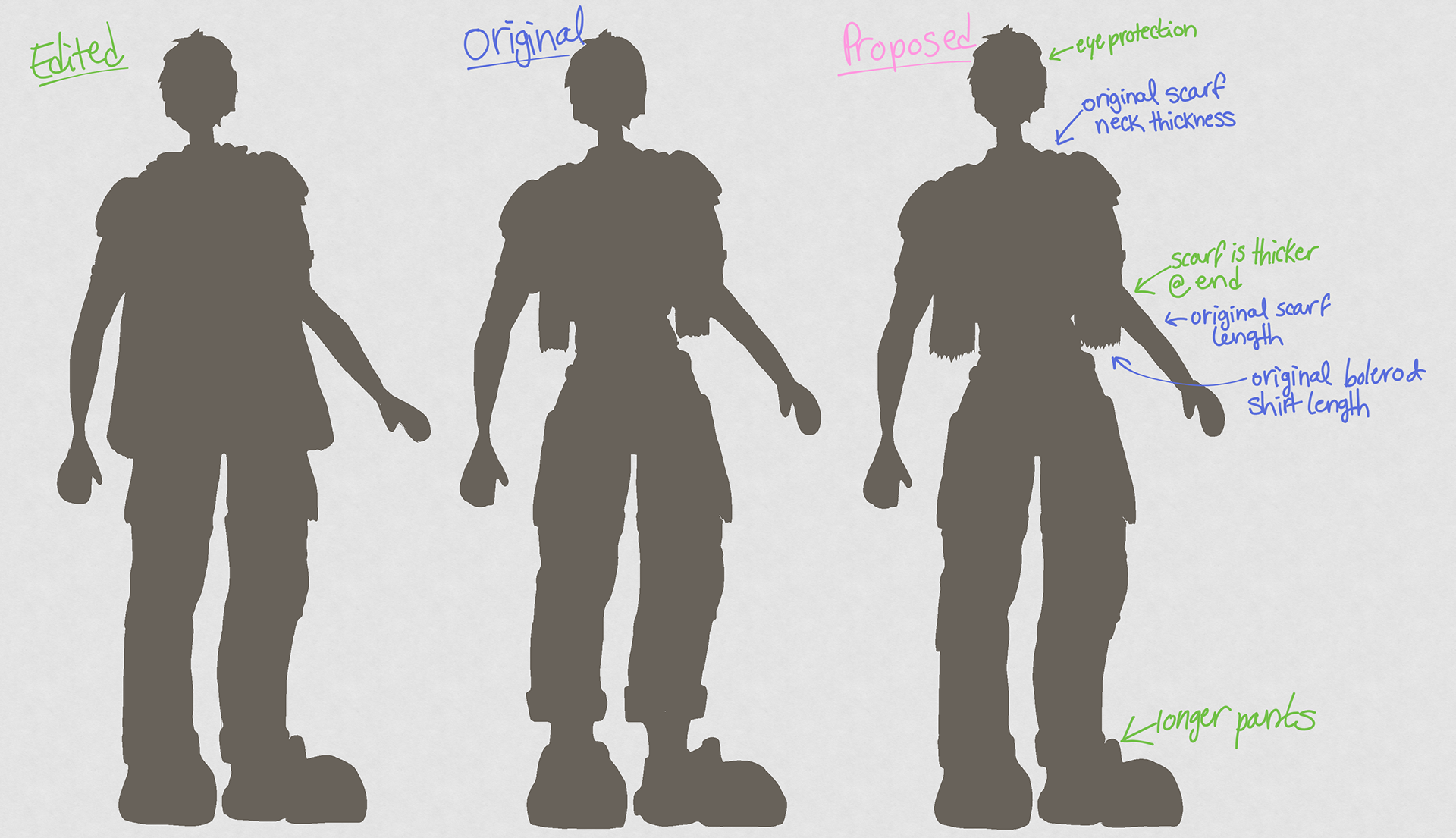 3.5. Character silhouette comparison between the client's feedback, the original design, and my proposed adjustments.