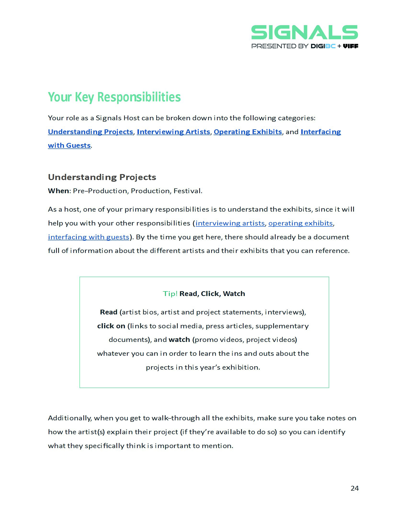 Page from the Signals Host Handbook document I made.