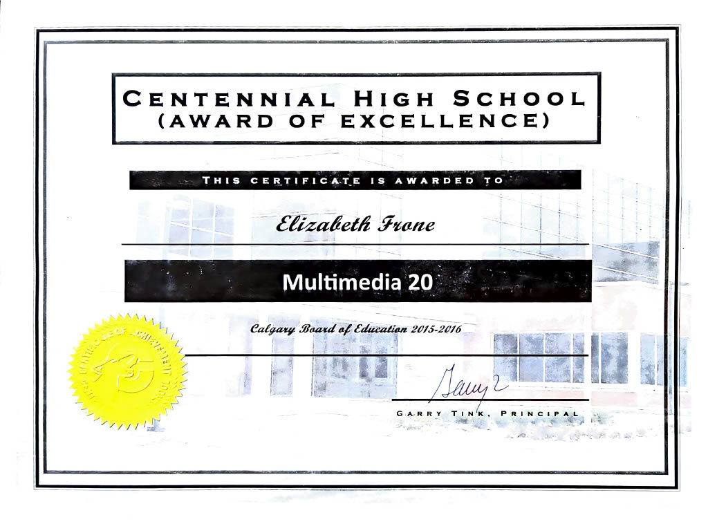 Grade 11 Multimedia Award, 2015-2016, Centennial High School. Awarded to the top student each year.