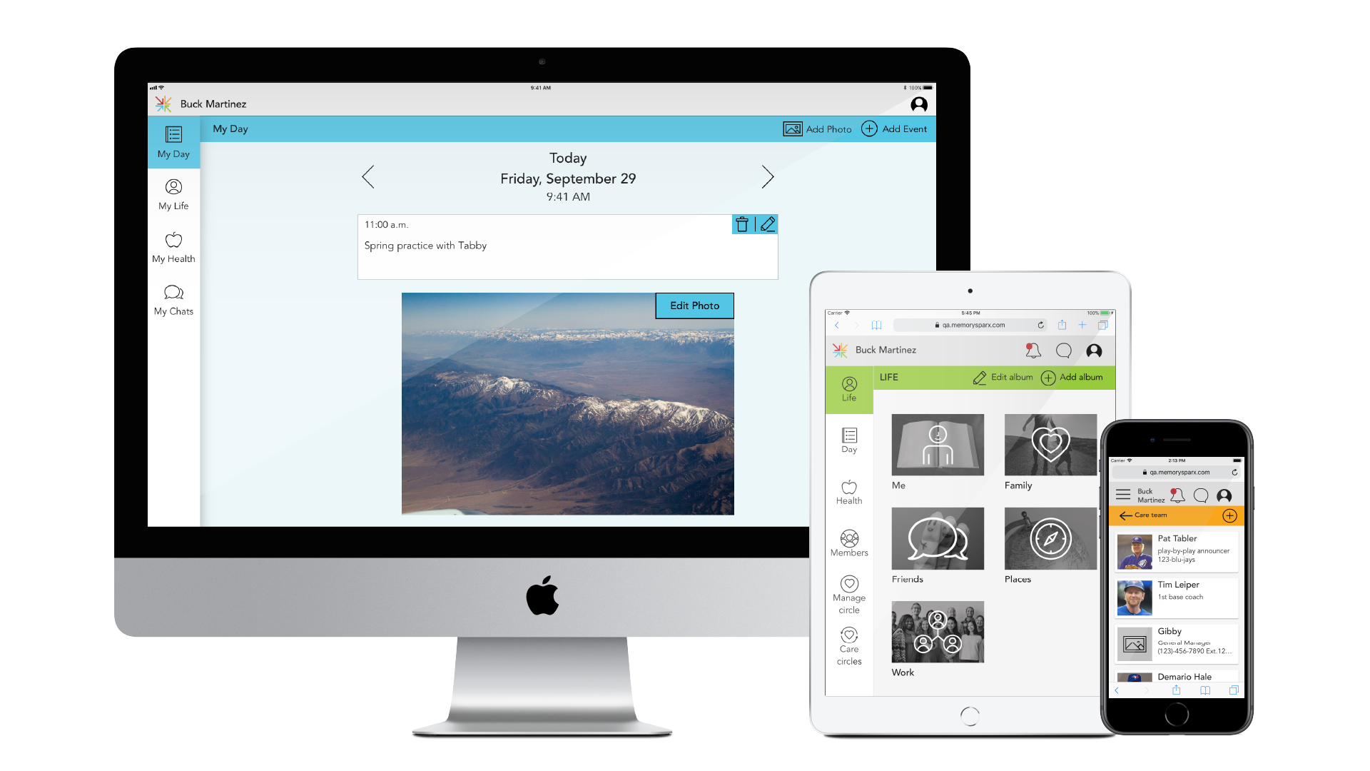 MemorySparx App screens on different devices