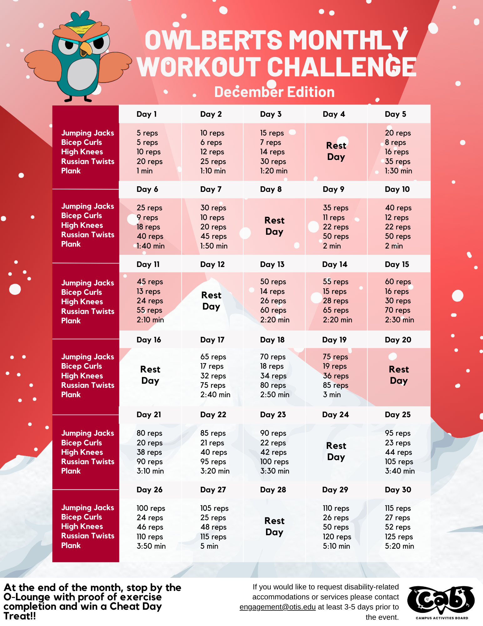 December - Monthly Workout Sheet - Otis College of Art and Design - 2023