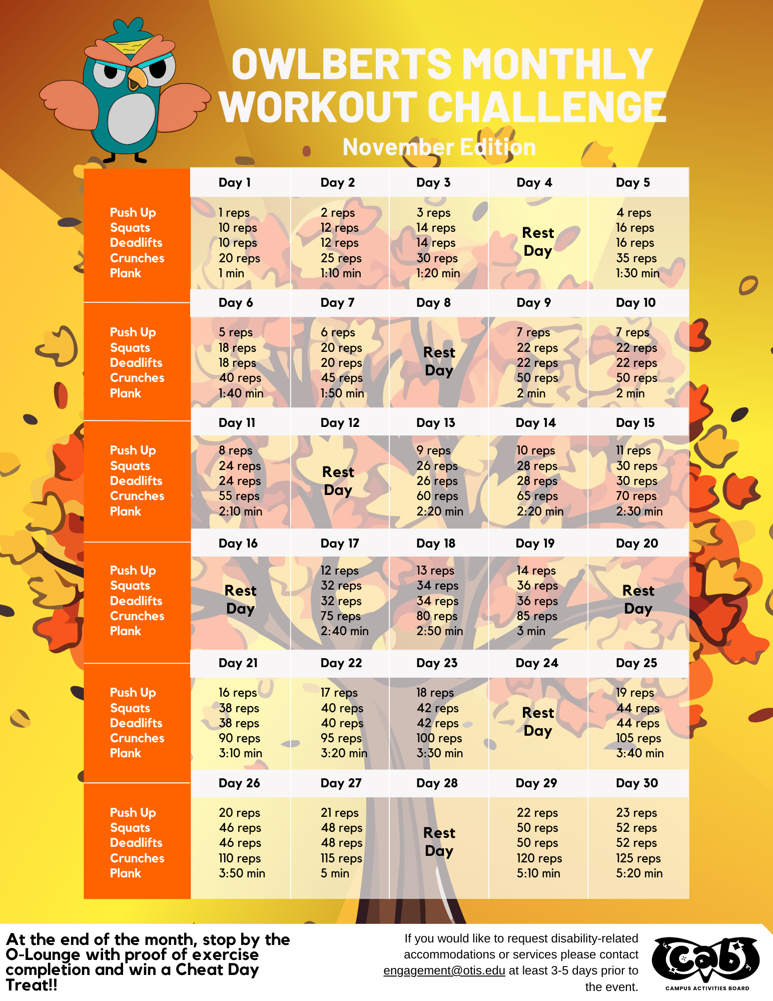 November - Monthly Workout Sheet - Otis College of Art and Design - 2023