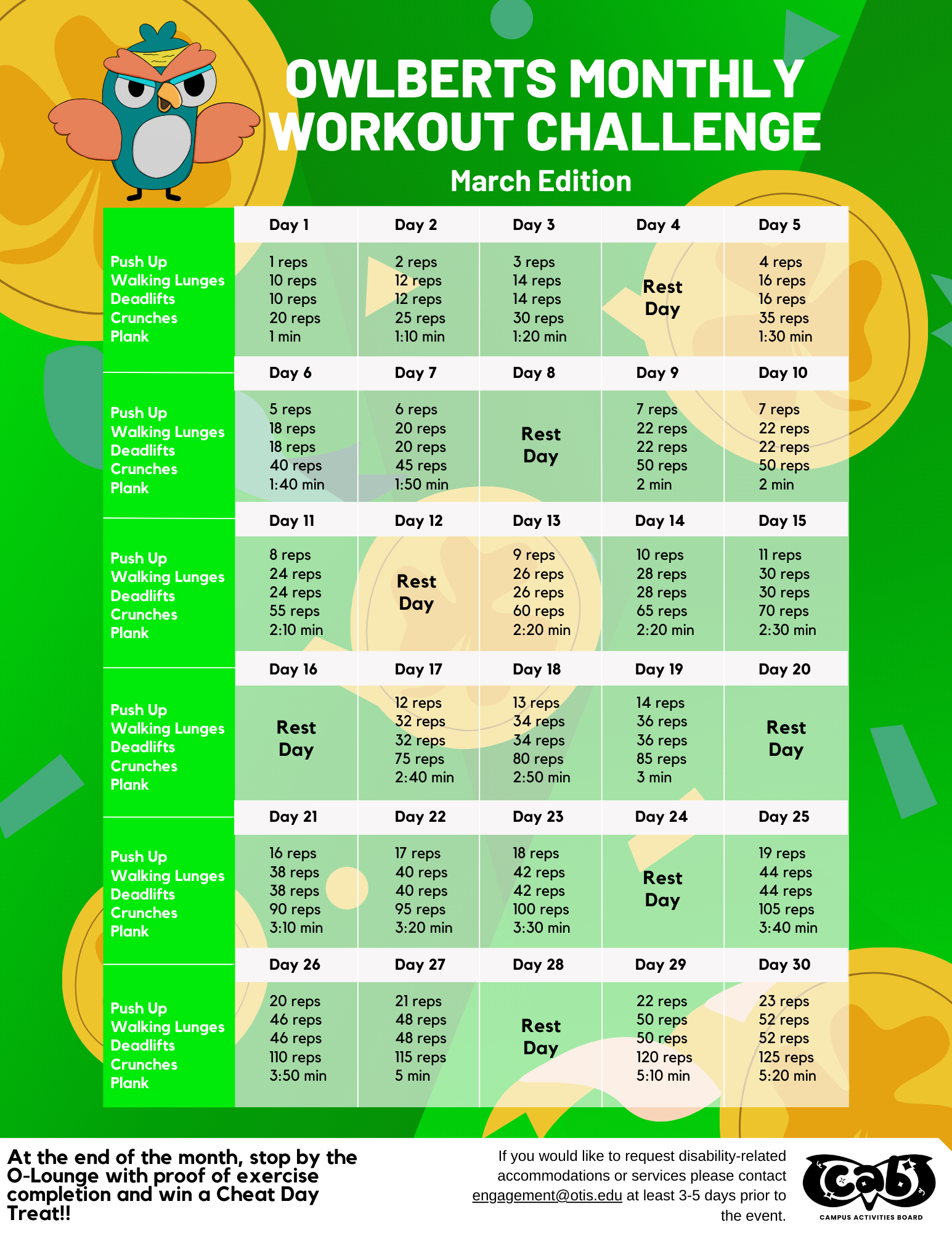 March - Monthly Workout Sheet - Otis College of Art and Design - 2024