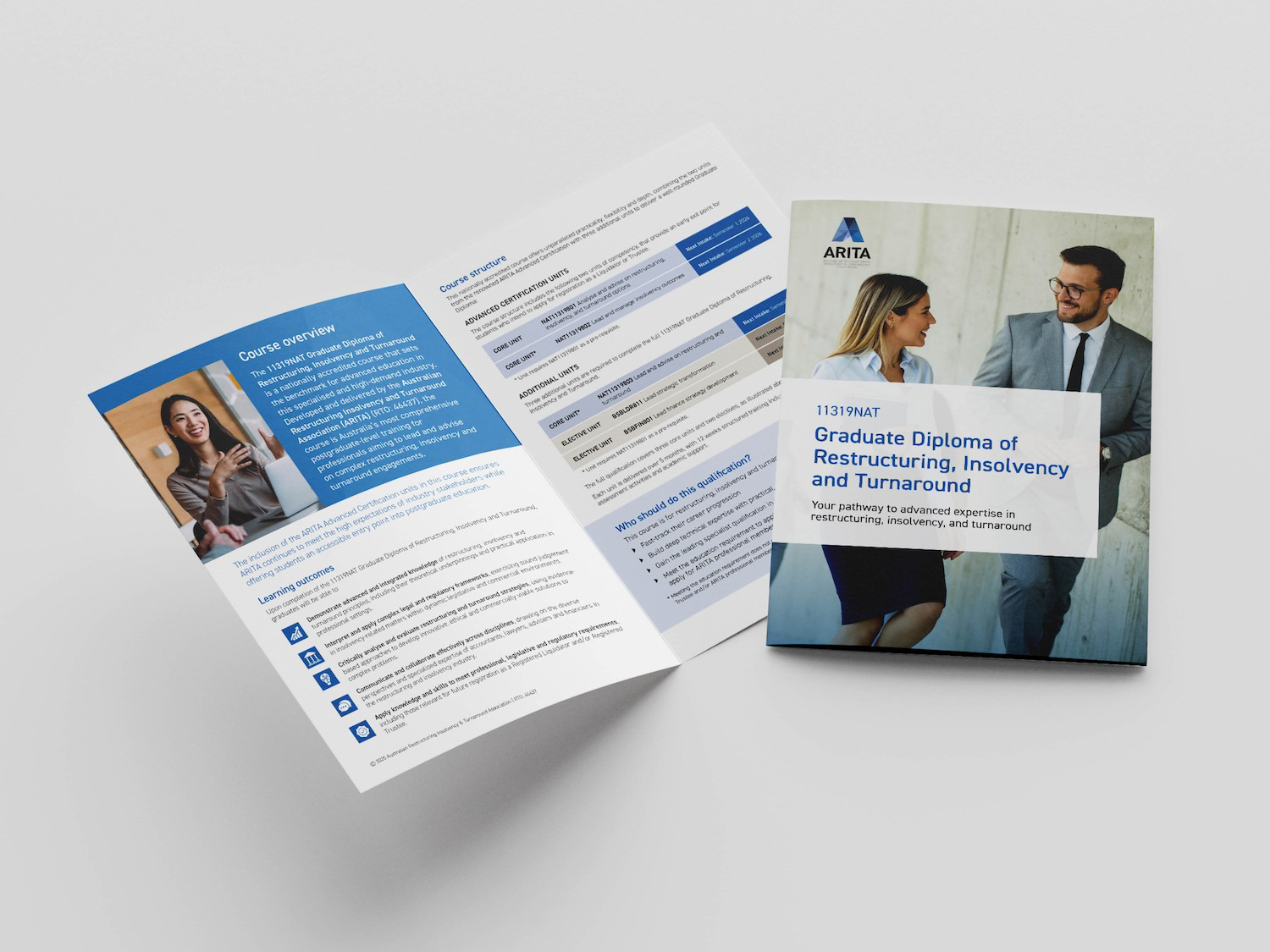 Folded course brochure with open spread of brochure