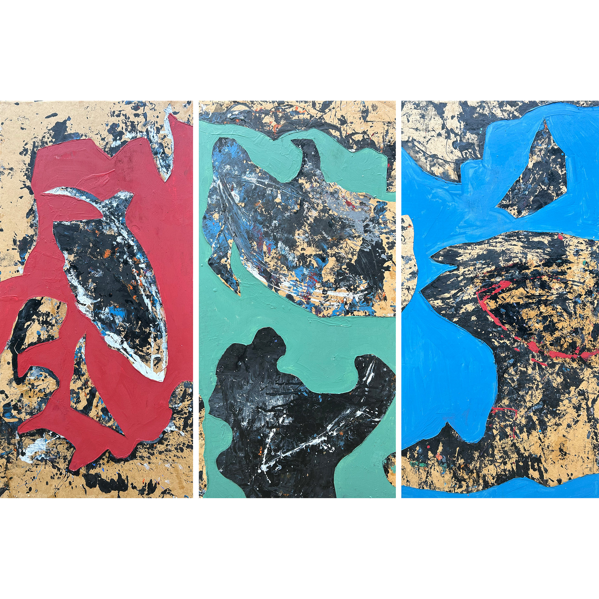 The Cave - Triptych - 24" x 48" each - paint and collage on wood panels