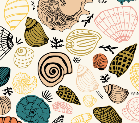 beach seaside Sea Shells in yellow, mustard, coral, pink