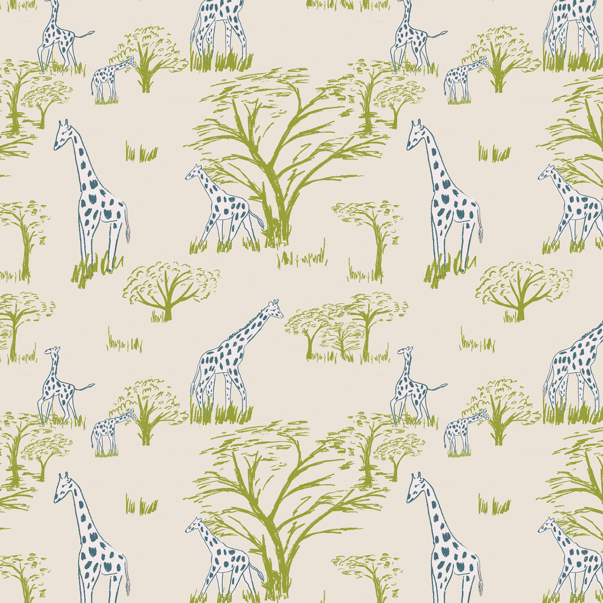 Complete savanna landscape with giraffes and acacia trees in soft olive and cream - hero print ideal for statement pieces, wallpaper, and large-scale applications