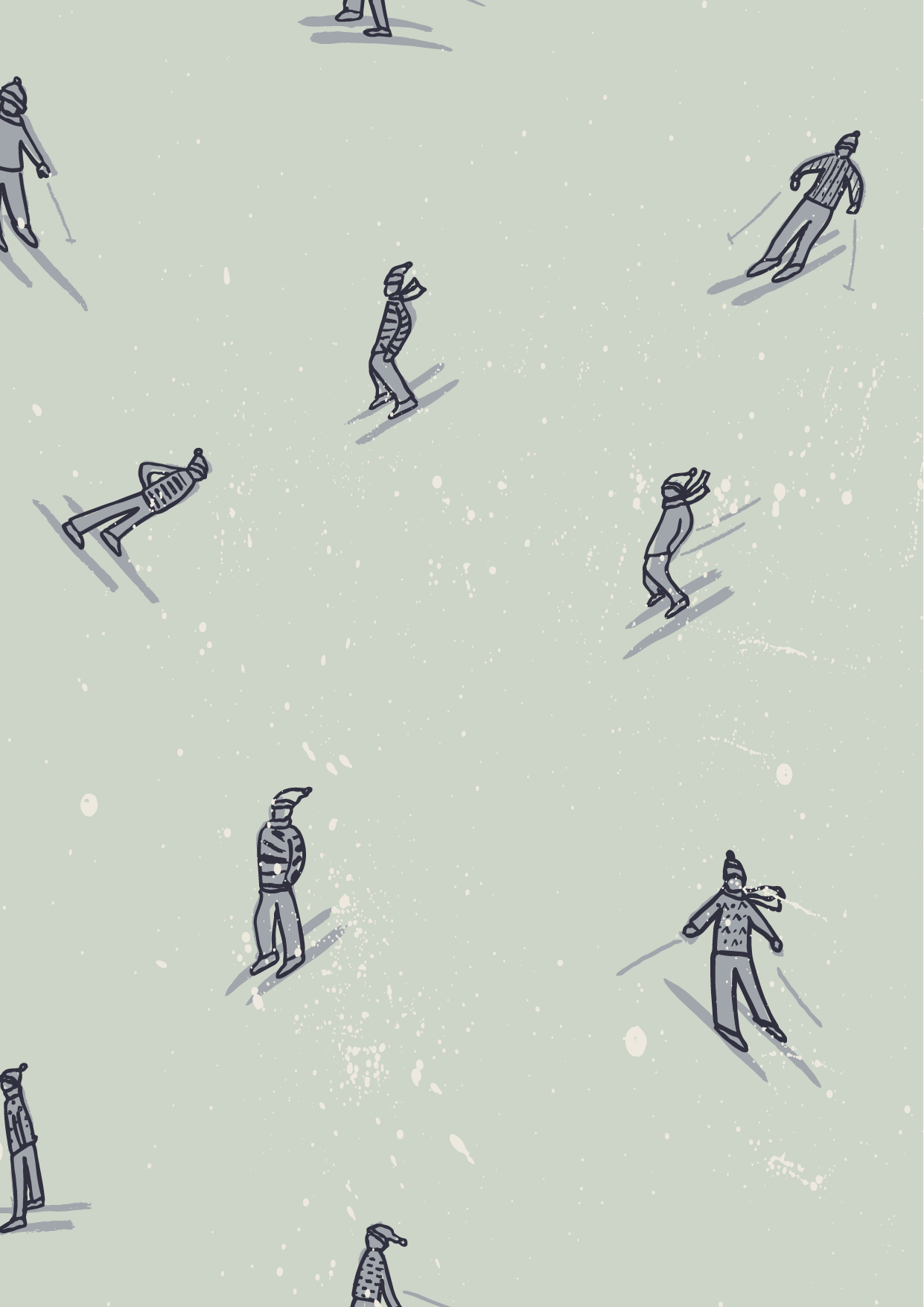 Hand-drawn pattern of skiers on open slopes in sage and charcoal on sage