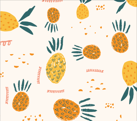 Retro tropical pineapple with abstract elements in orange, blue, green and cream.