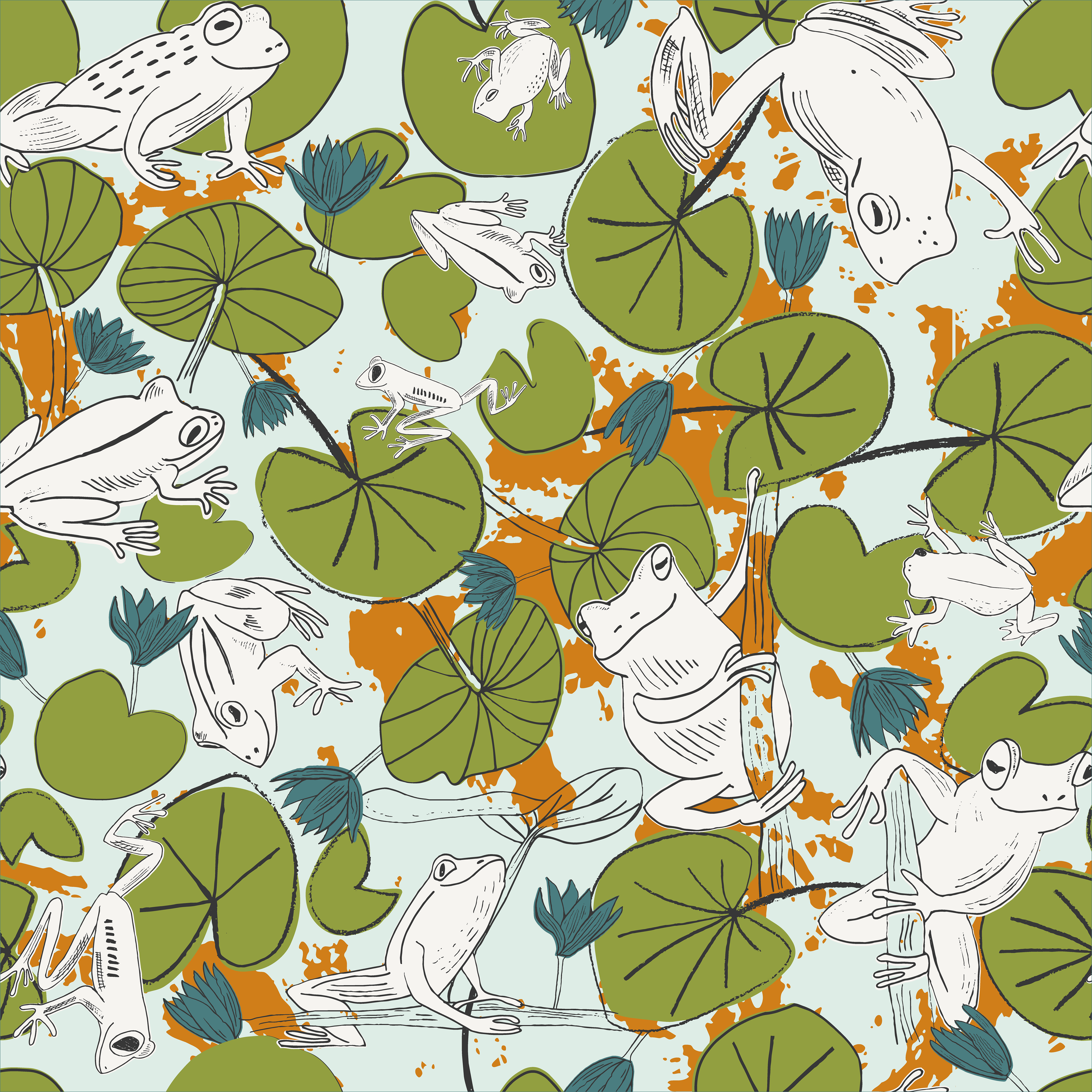 Illustrated frogs in playful poses among olive green lily pads and teal water lily blooms on a mint background, with bold orange splashes throughout.