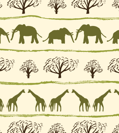 Safari parade border print featuring graceful giraffes and majestic elephants with acacia trees - perfect for quilting borders, garment hems, and coordinating accents
